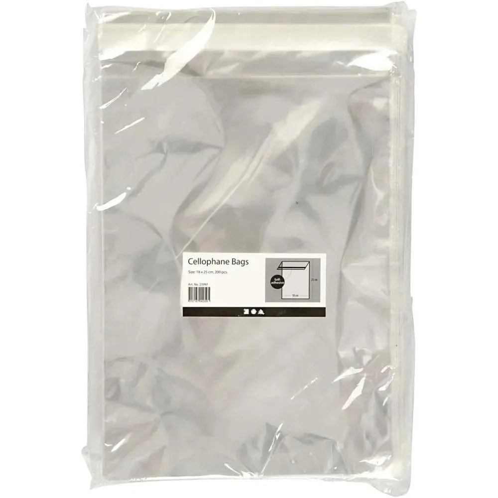 200 Cellophane Bags Self Adhesive Flap W:18cm H:25.3 cm 25micron Card Making