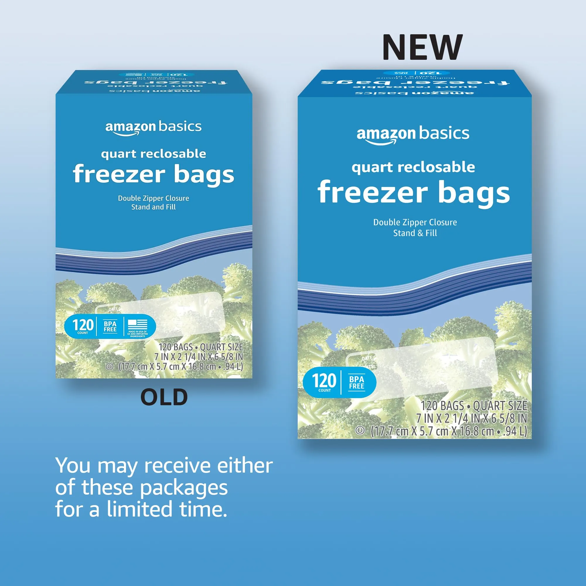 Amazon Basics Reclosable Freezer Quart Bags, Stand & Fill Base, 120 Count