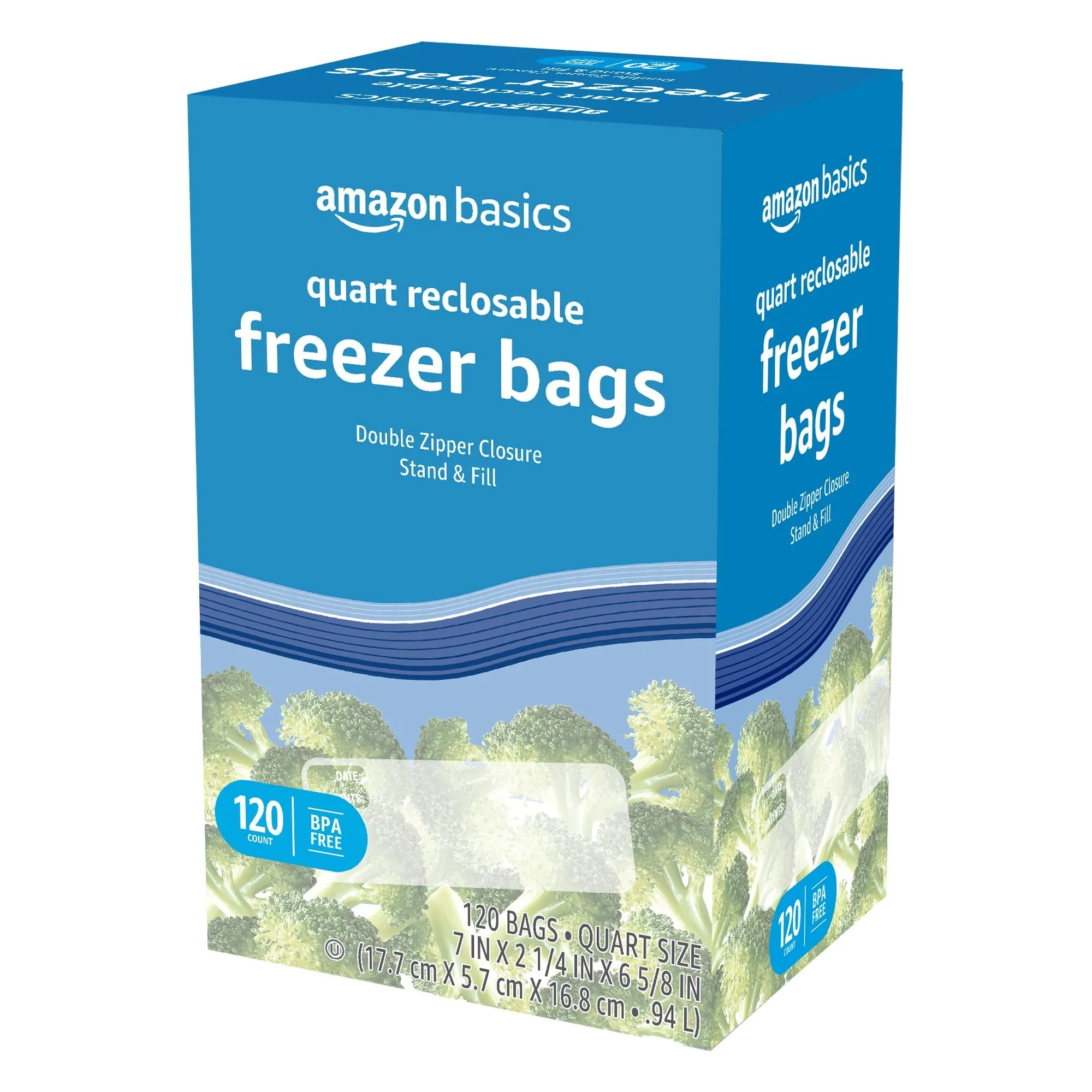 Amazon Basics Reclosable Freezer Quart Bags, Stand & Fill Base, 120 Count