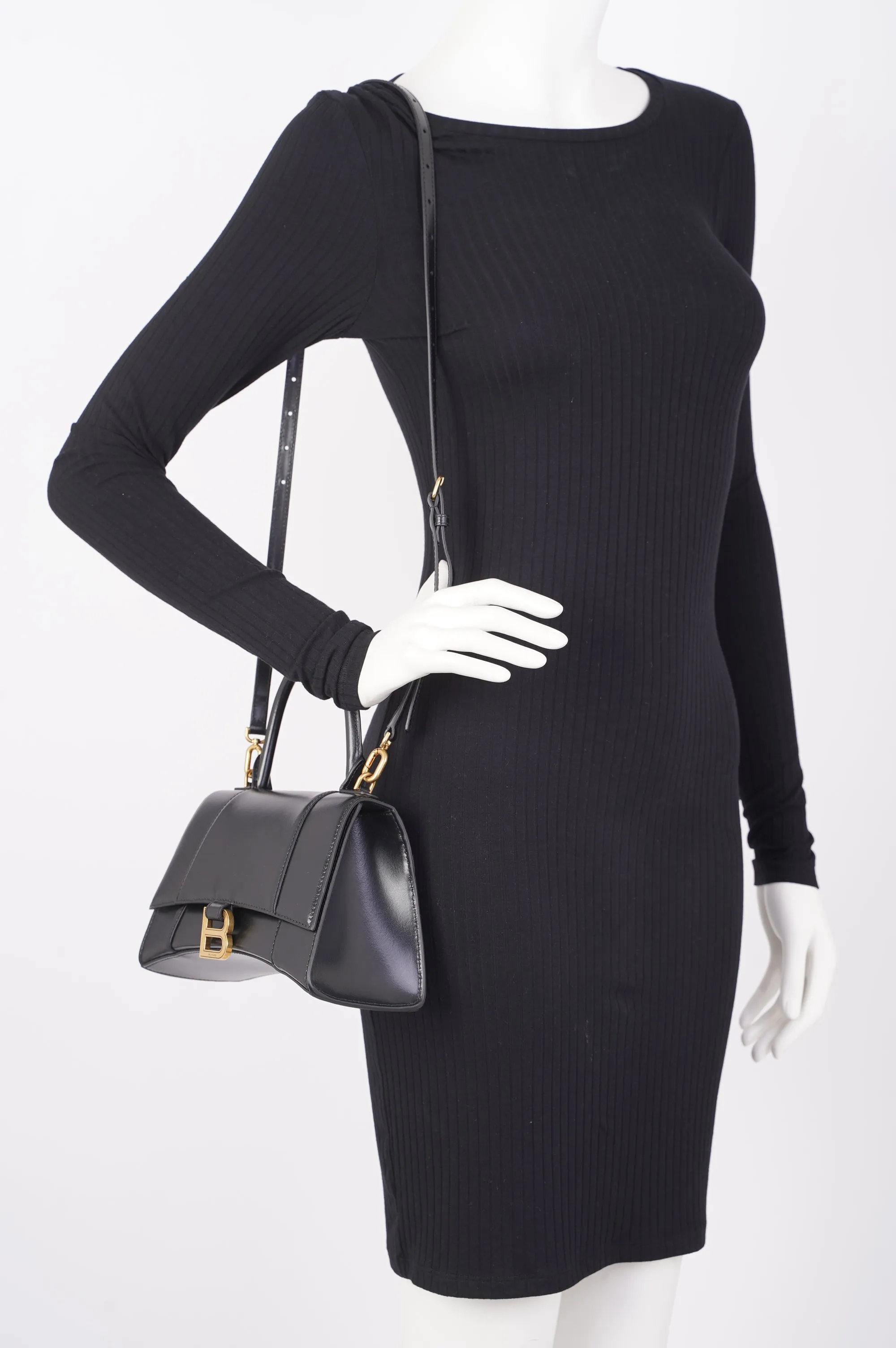 Balenciaga Womens Hourglass Bag Black Leather Small