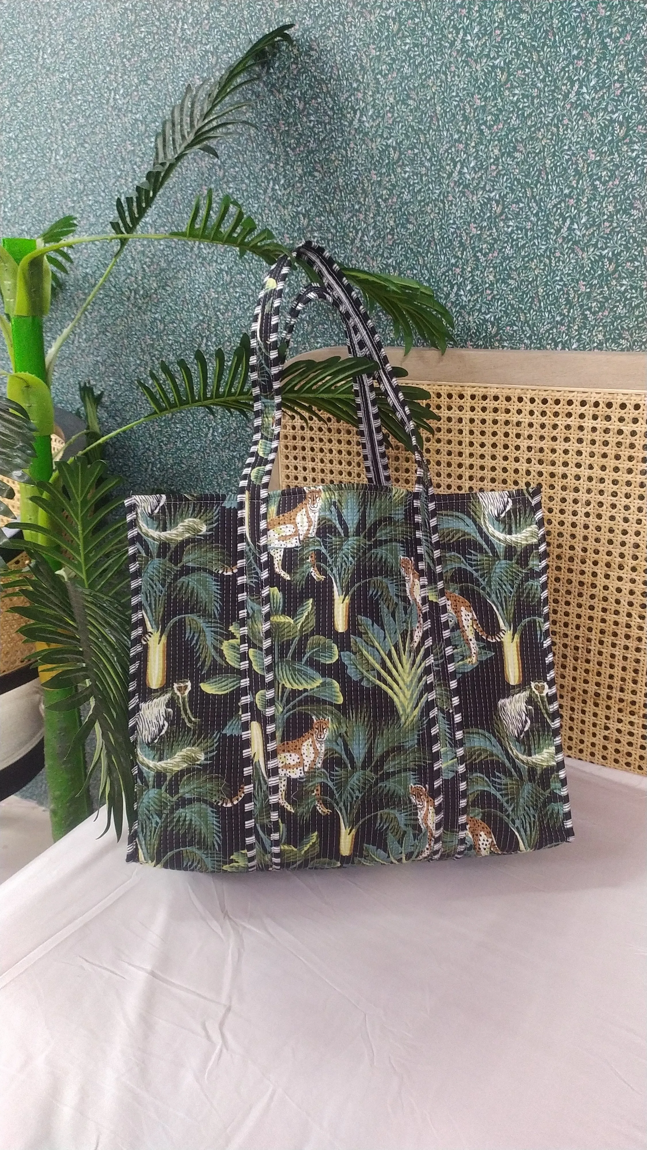 Black Jute Hand-Block Printed Tote Bag Without Zip Or Button