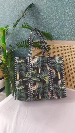 Black Jute Hand-Block Printed Tote Bag Without Zip Or Button