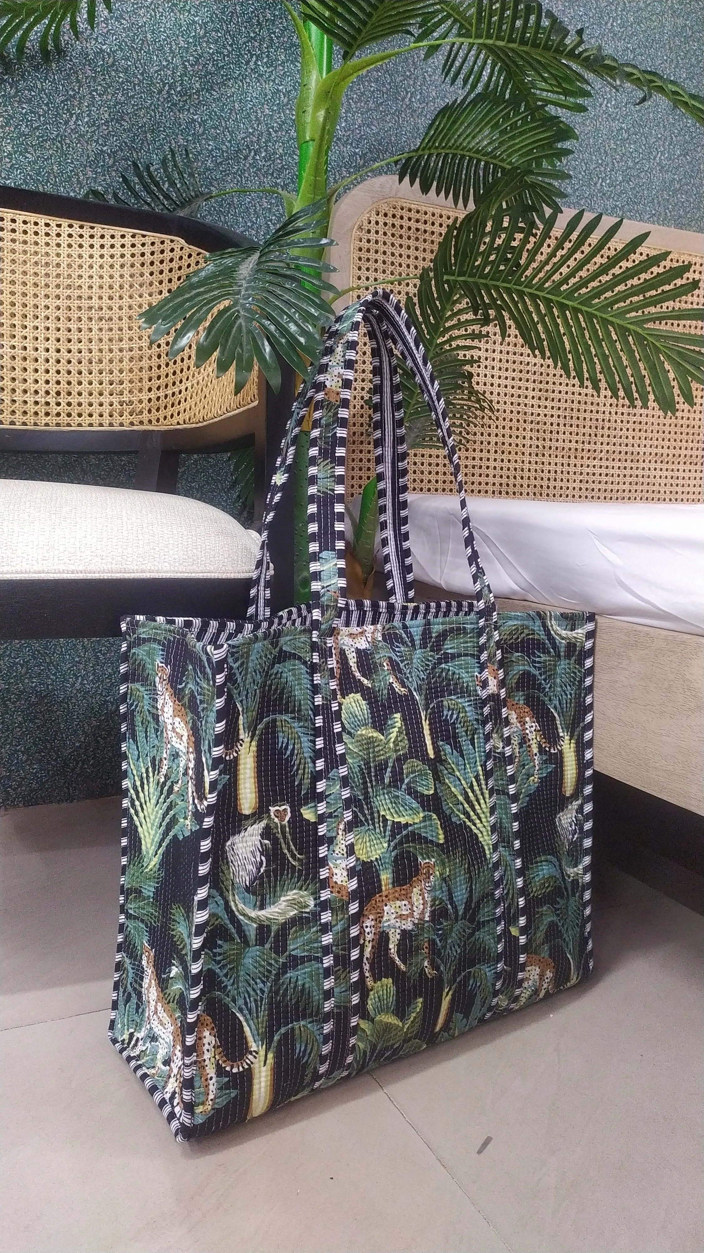 Black Jute Hand-Block Printed Tote Bag Without Zip Or Button
