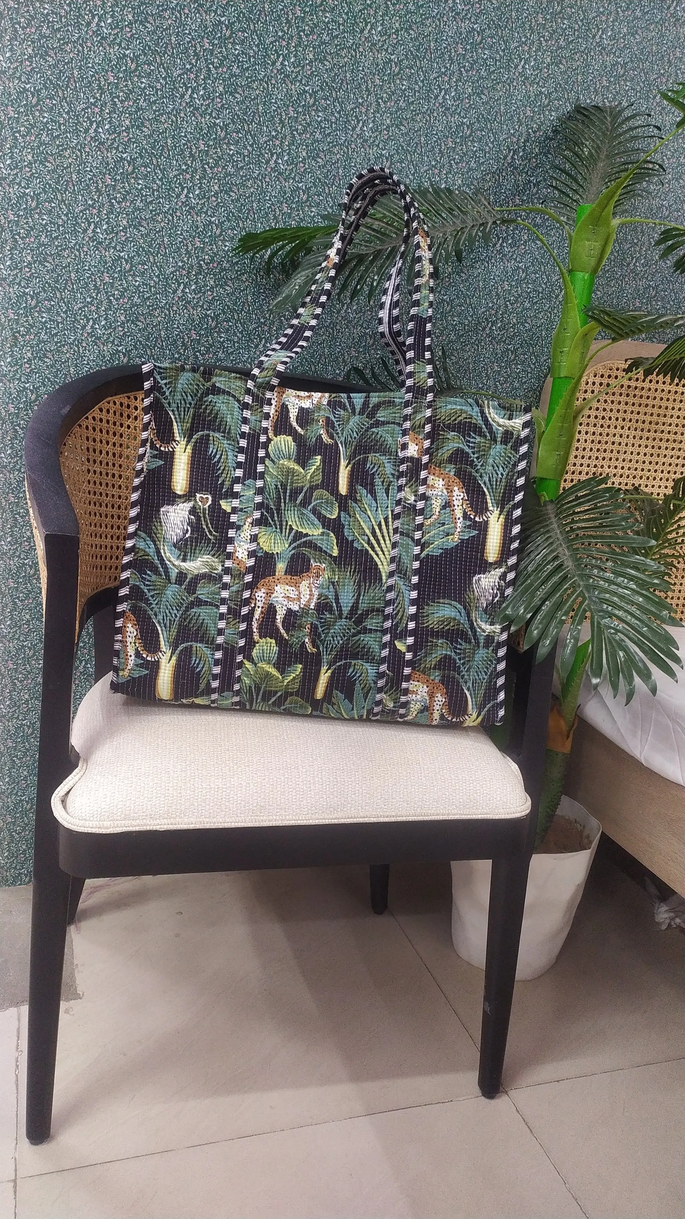 Black Jute Hand-Block Printed Tote Bag Without Zip Or Button