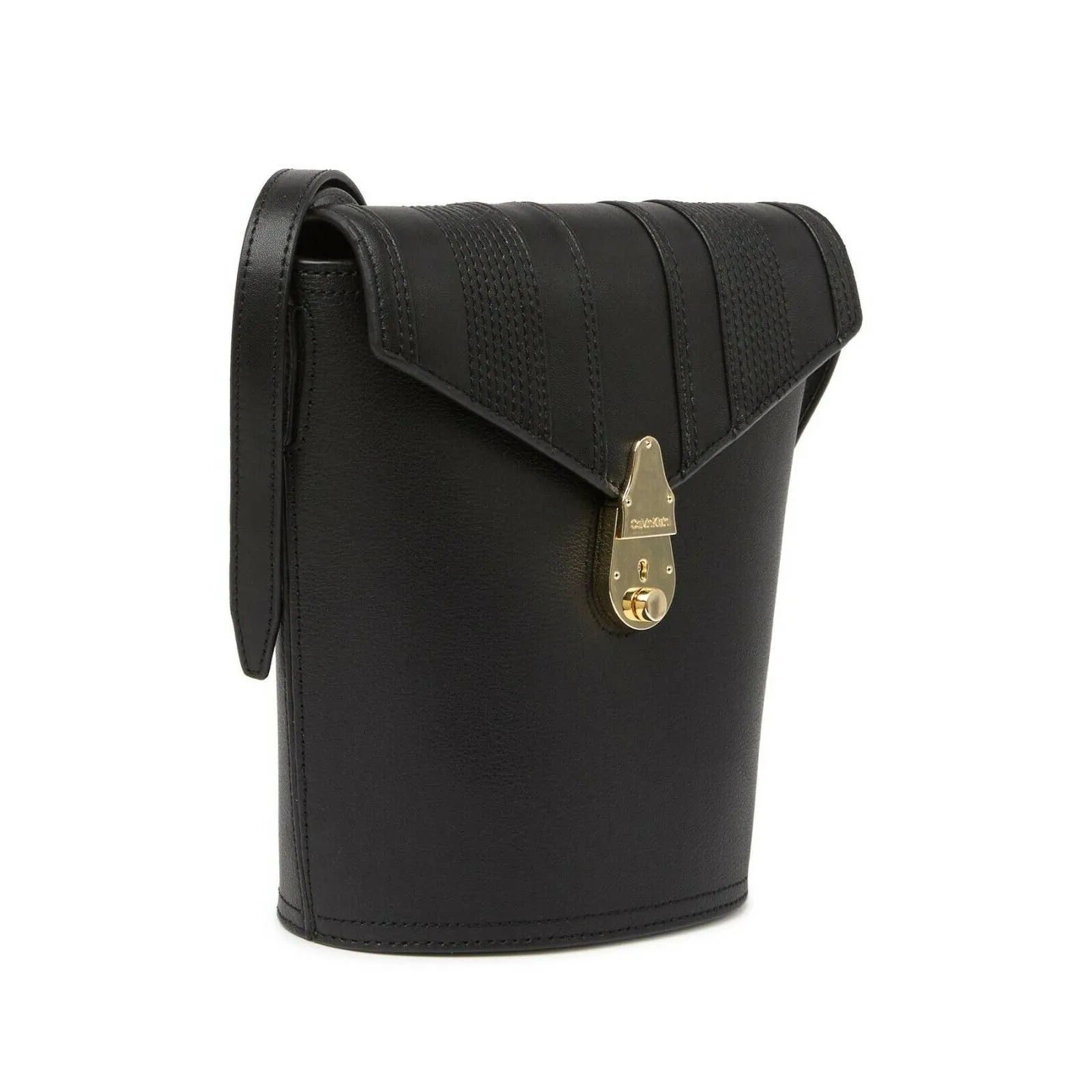 CALVIN KLEIN LOCK BUCKET CROSSBODY, LINEAR QUILTED, BLACK LEATHER