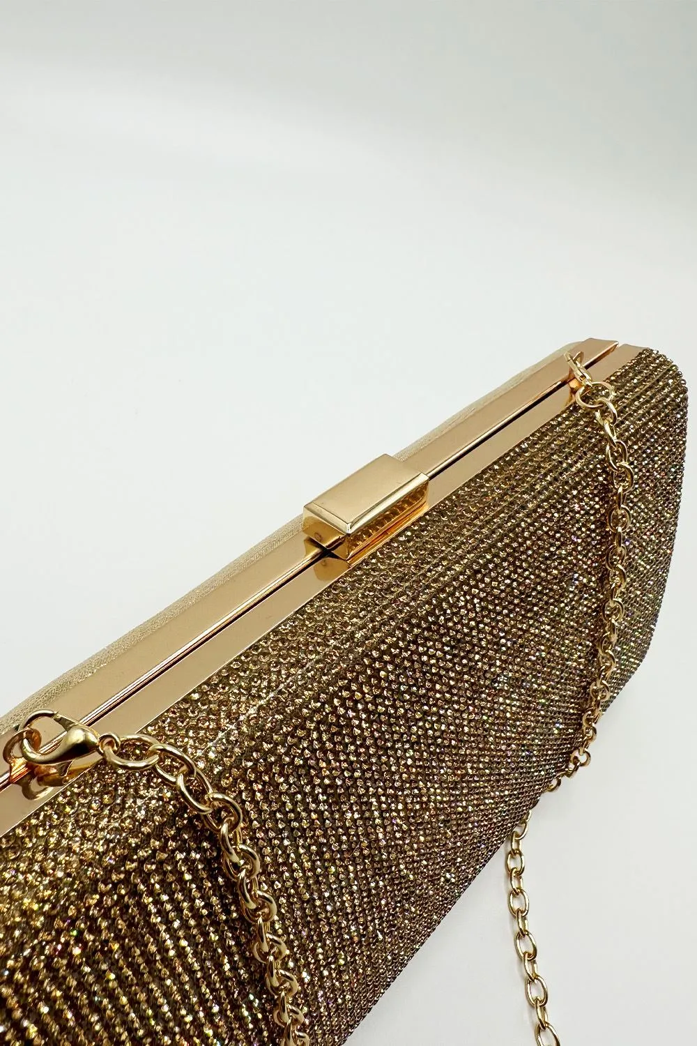 Carna Diamante Embellished Rectangle Clutch Bag in Gold