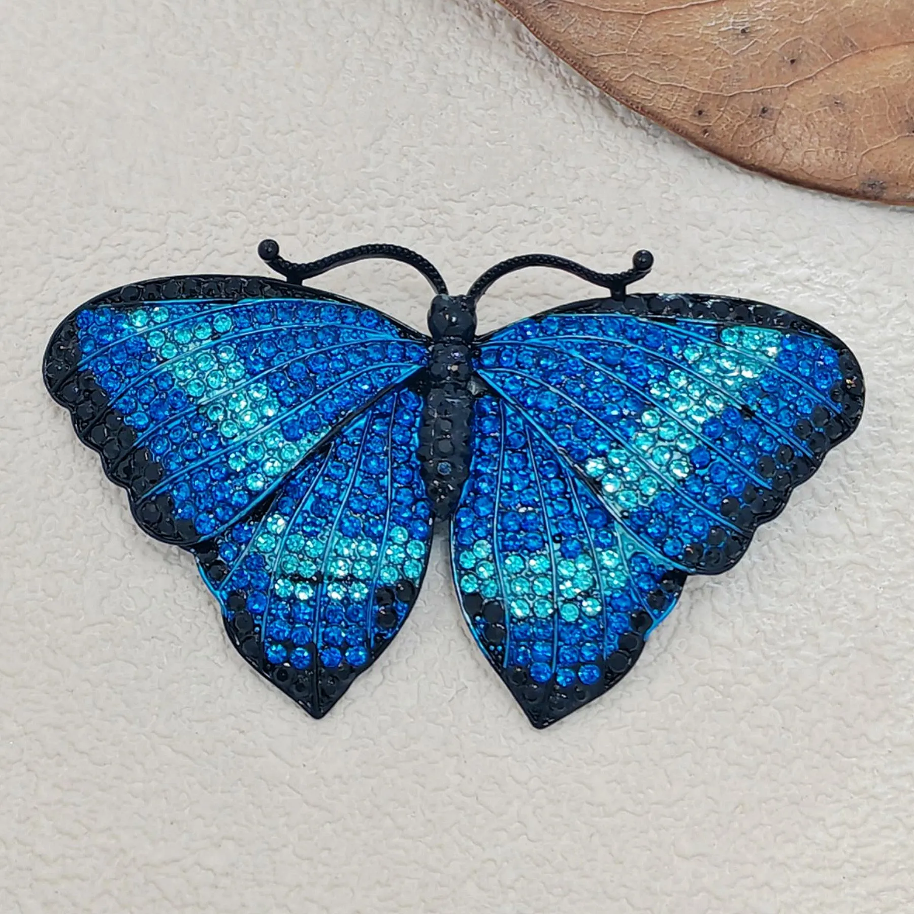 Gorgeous Blue Crystal Rhinestone Morpho Butterfly Brooch Pin, Costume Jewelry