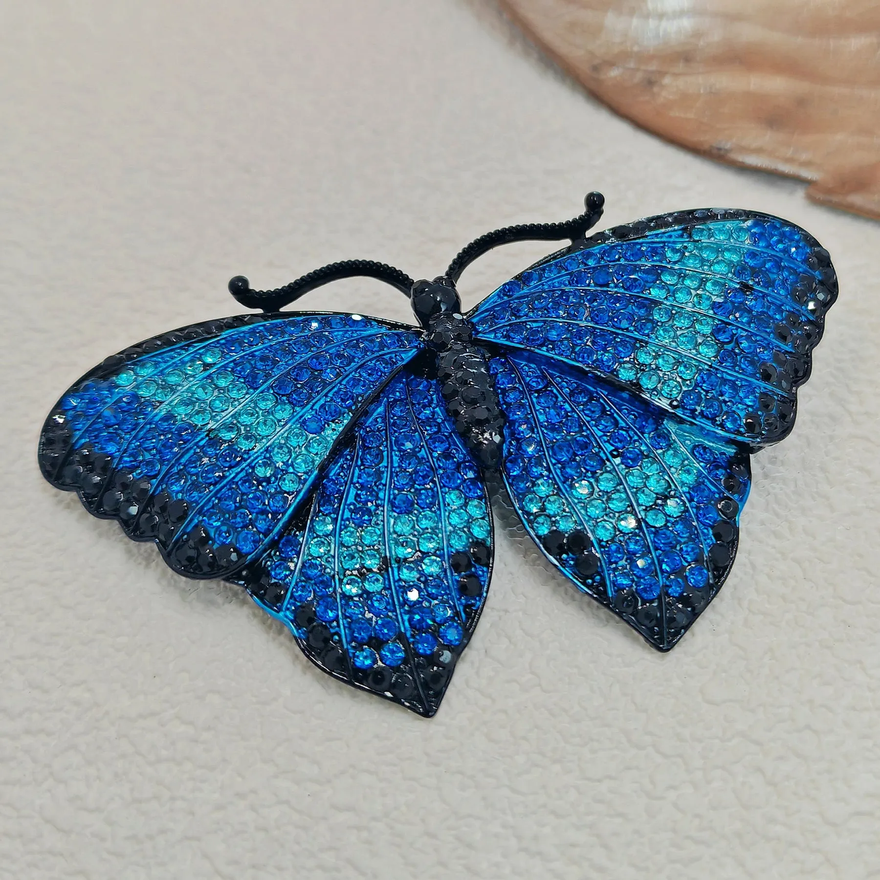 Gorgeous Blue Crystal Rhinestone Morpho Butterfly Brooch Pin, Costume Jewelry