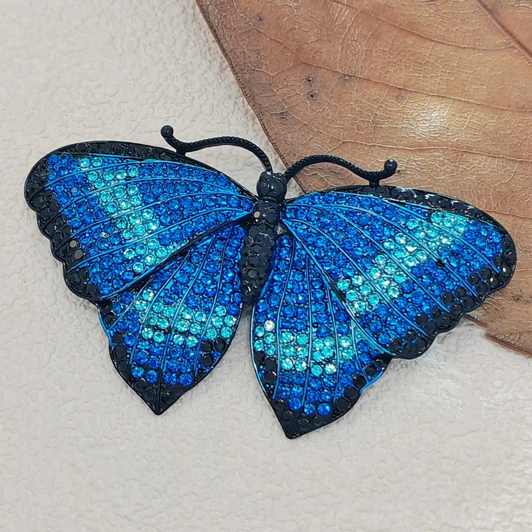 Gorgeous Blue Crystal Rhinestone Morpho Butterfly Brooch Pin, Costume Jewelry