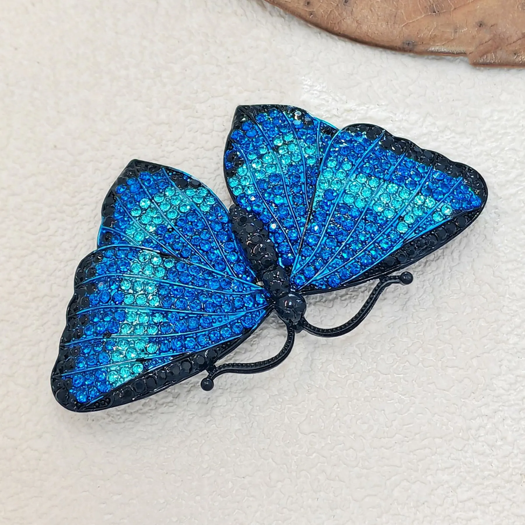 Gorgeous Blue Crystal Rhinestone Morpho Butterfly Brooch Pin, Costume Jewelry