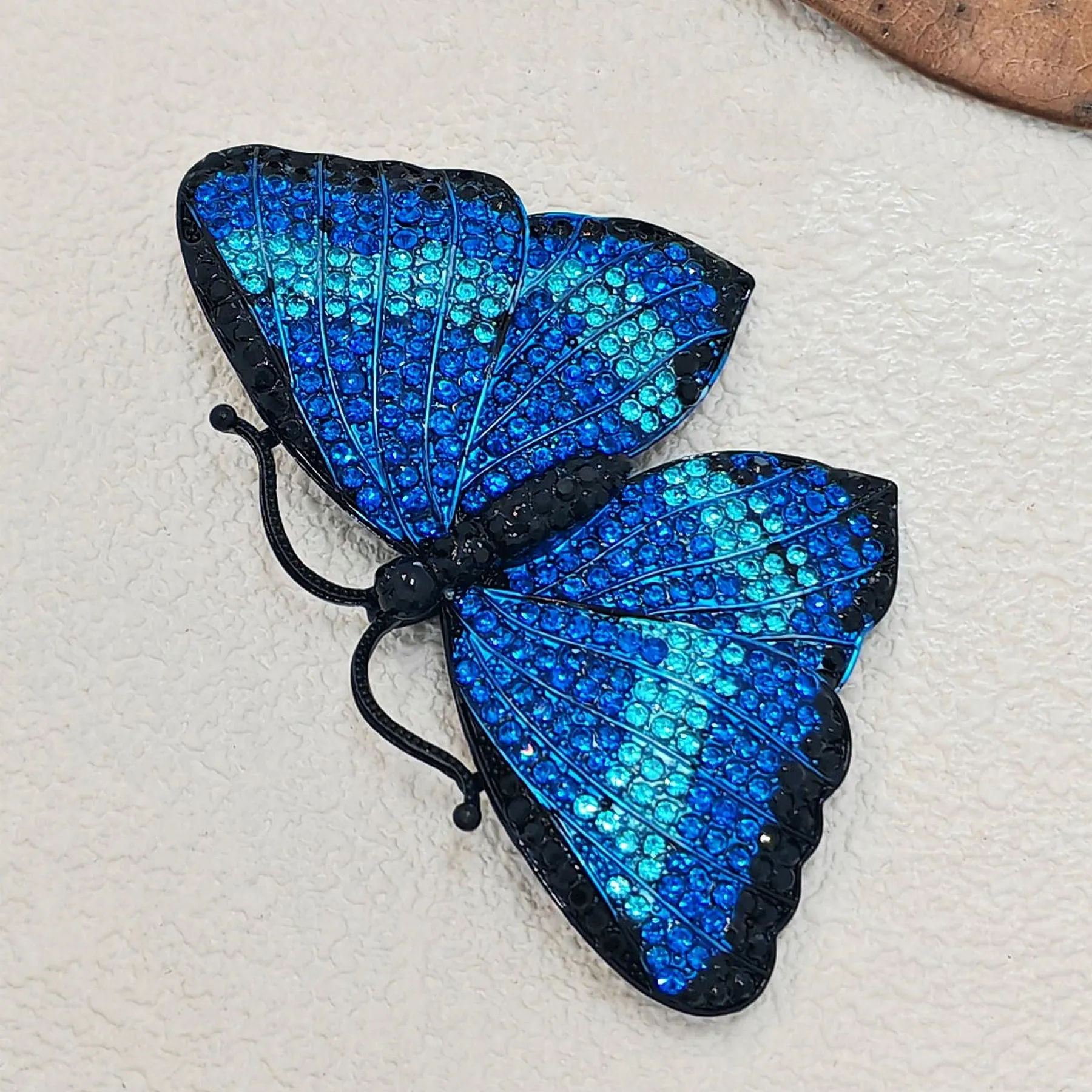 Gorgeous Blue Crystal Rhinestone Morpho Butterfly Brooch Pin, Costume Jewelry