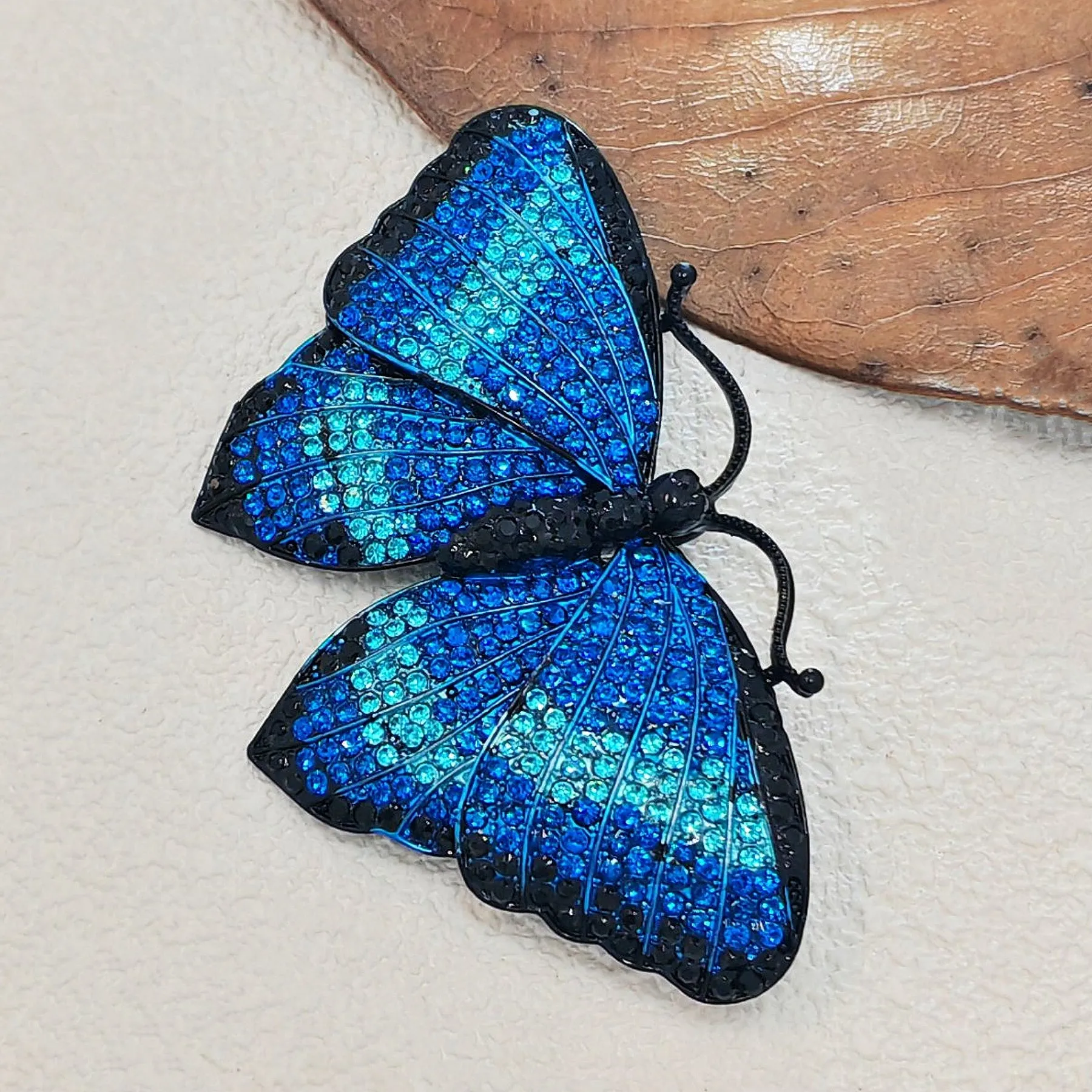 Gorgeous Blue Crystal Rhinestone Morpho Butterfly Brooch Pin, Costume Jewelry