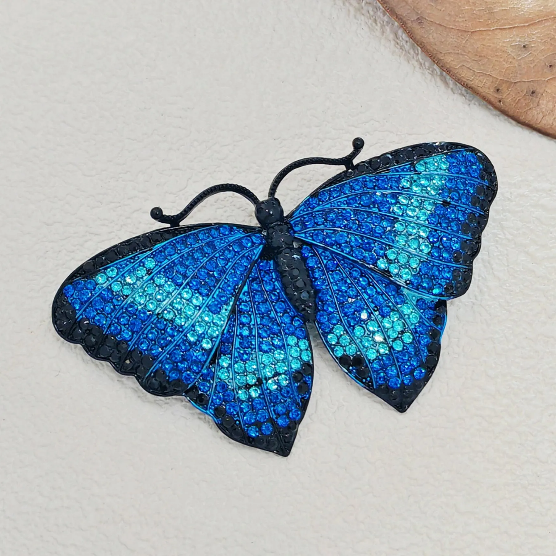 Gorgeous Blue Crystal Rhinestone Morpho Butterfly Brooch Pin, Costume Jewelry