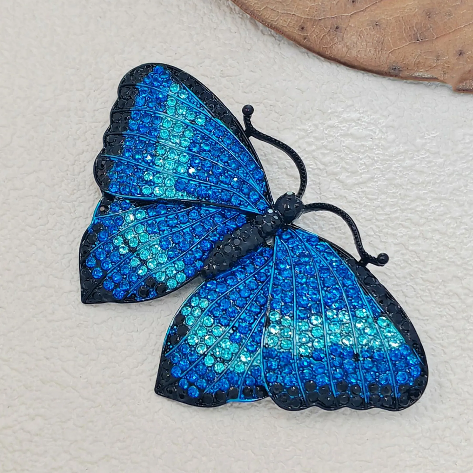 Gorgeous Blue Crystal Rhinestone Morpho Butterfly Brooch Pin, Costume Jewelry