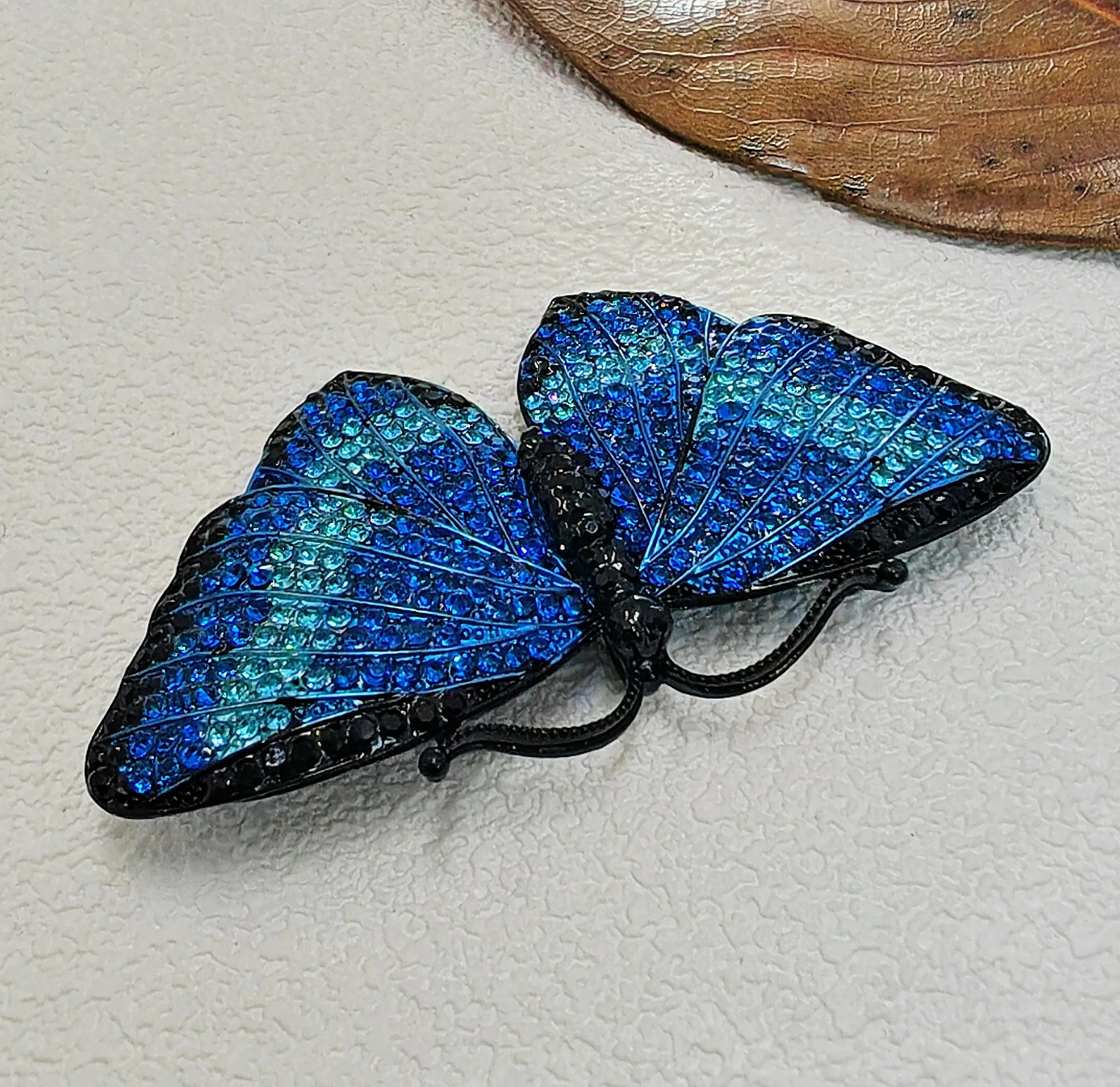 Gorgeous Blue Crystal Rhinestone Morpho Butterfly Brooch Pin, Costume Jewelry