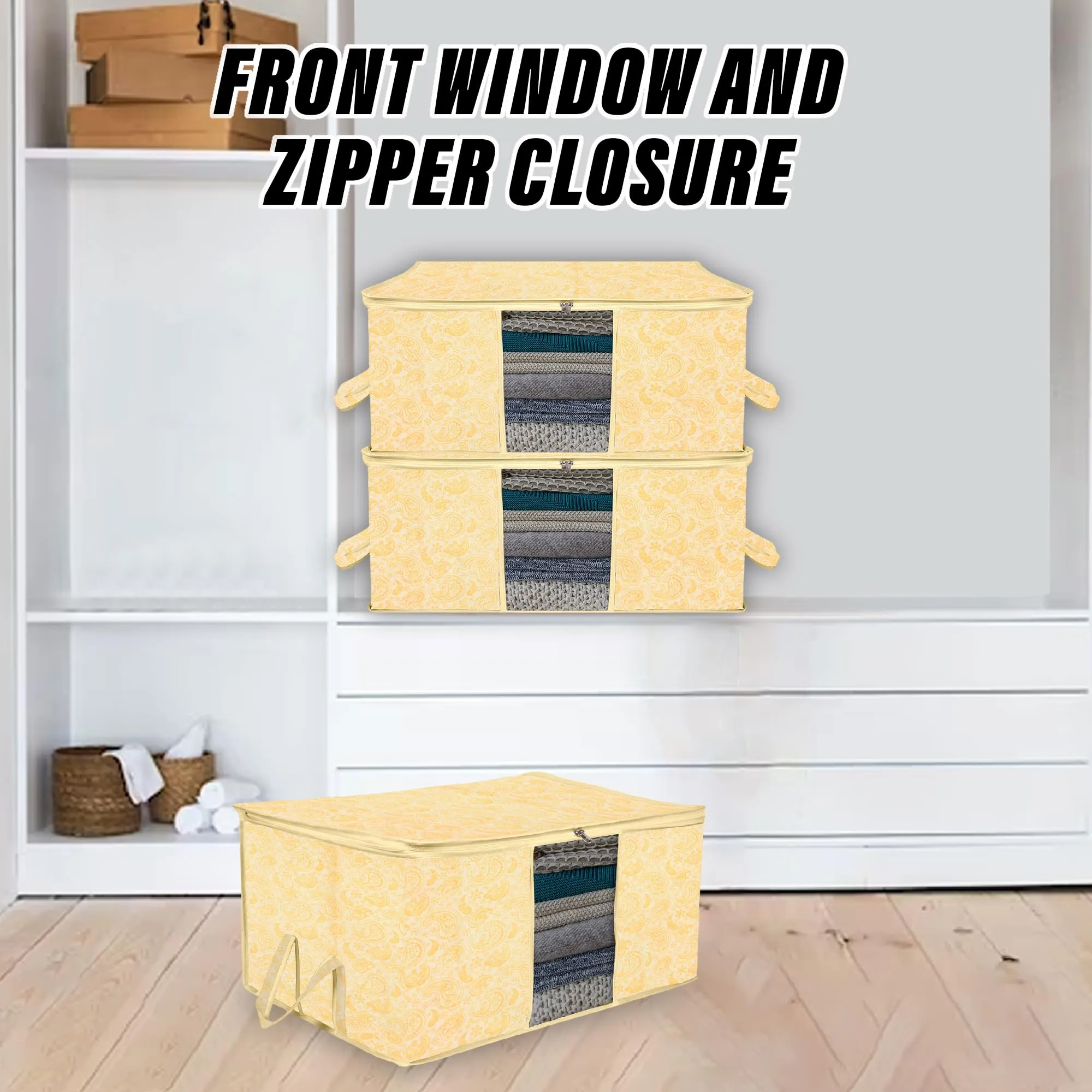 Heart Home Underbed Storage Bag | Clothes Storage Organizer | Blanket Cover with Clear Window | Zipper Closure & Handle Cloth Organizer | Carry-Design | Large | Pack of 4 | Yellow