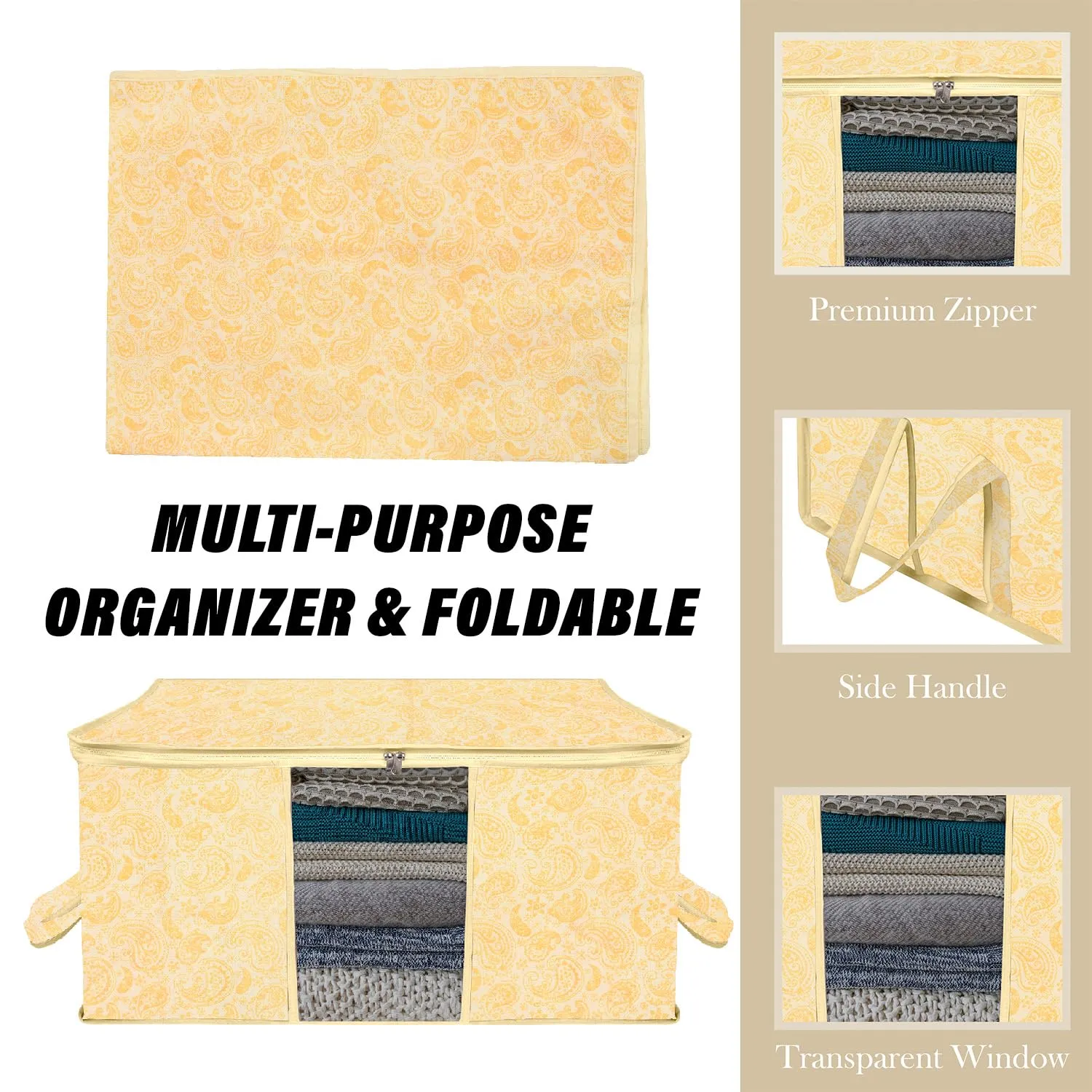Heart Home Underbed Storage Bag | Clothes Storage Organizer | Blanket Cover with Clear Window | Zipper Closure & Handle Cloth Organizer | Carry-Design | Large | Pack of 4 | Yellow