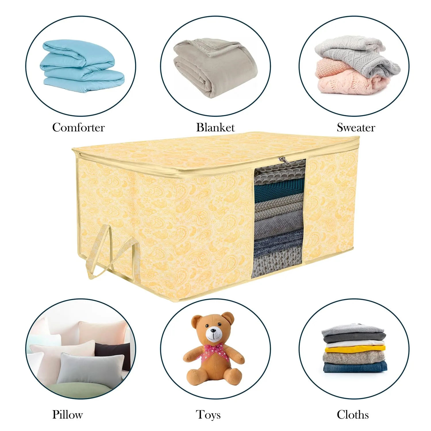 Heart Home Underbed Storage Bag | Clothes Storage Organizer | Blanket Cover with Clear Window | Zipper Closure & Handle Cloth Organizer | Carry-Design | Large | Pack of 4 | Yellow