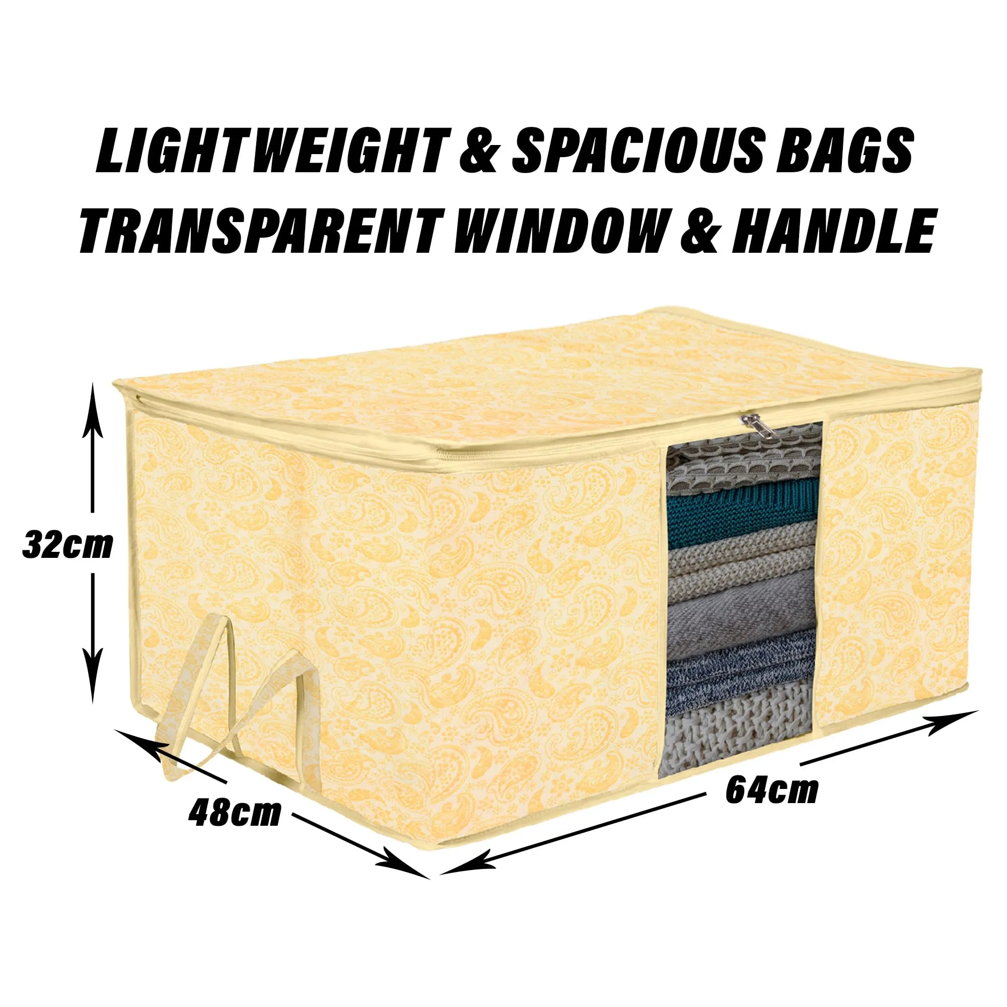 Heart Home Underbed Storage Bag | Clothes Storage Organizer | Blanket Cover with Clear Window | Zipper Closure & Handle Cloth Organizer | Carry-Design | Large | Pack of 4 | Yellow