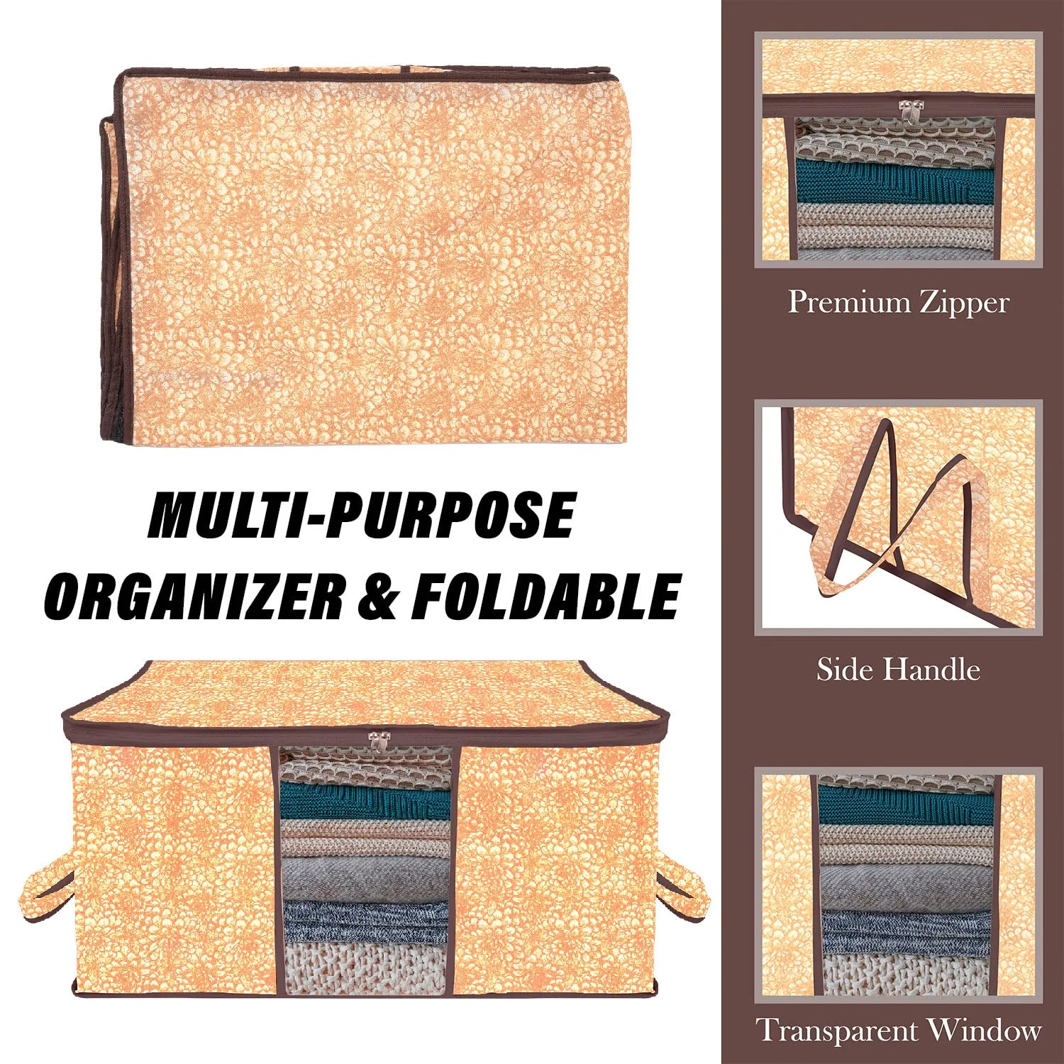 Heart Home Underbed Storage Bag | Clothes Storage Organizer | Blanket Cover with Clear Window | Zipper Closure & Handle Cloth Organizer | Flower-Design | Large | Pack of 6 | Brown