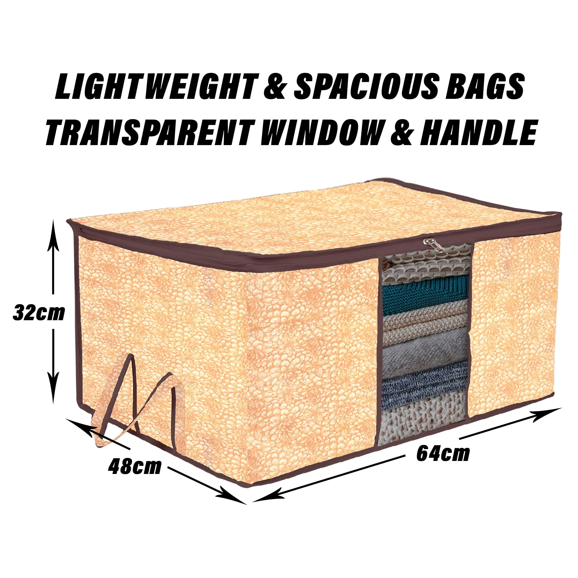 Heart Home Underbed Storage Bag | Clothes Storage Organizer | Blanket Cover with Clear Window | Zipper Closure & Handle Cloth Organizer | Flower-Design | Large | Pack of 6 | Brown