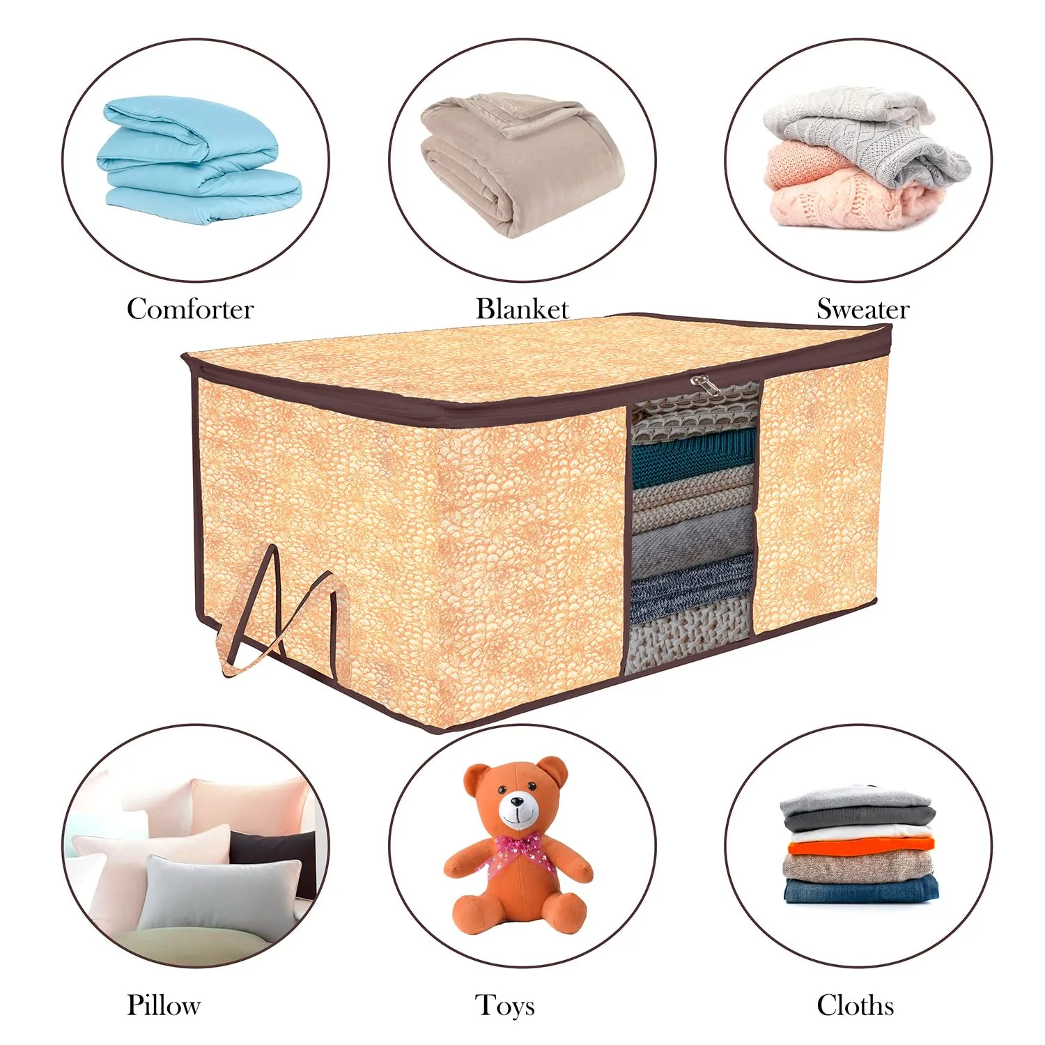Heart Home Underbed Storage Bag | Clothes Storage Organizer | Blanket Cover with Clear Window | Zipper Closure & Handle Cloth Organizer | Flower-Design | Large | Pack of 6 | Brown