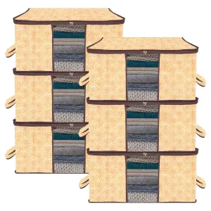 Heart Home Underbed Storage Bag | Clothes Storage Organizer | Blanket Cover with Clear Window | Zipper Closure & Handle Cloth Organizer | Flower-Design | Large | Pack of 6 | Brown