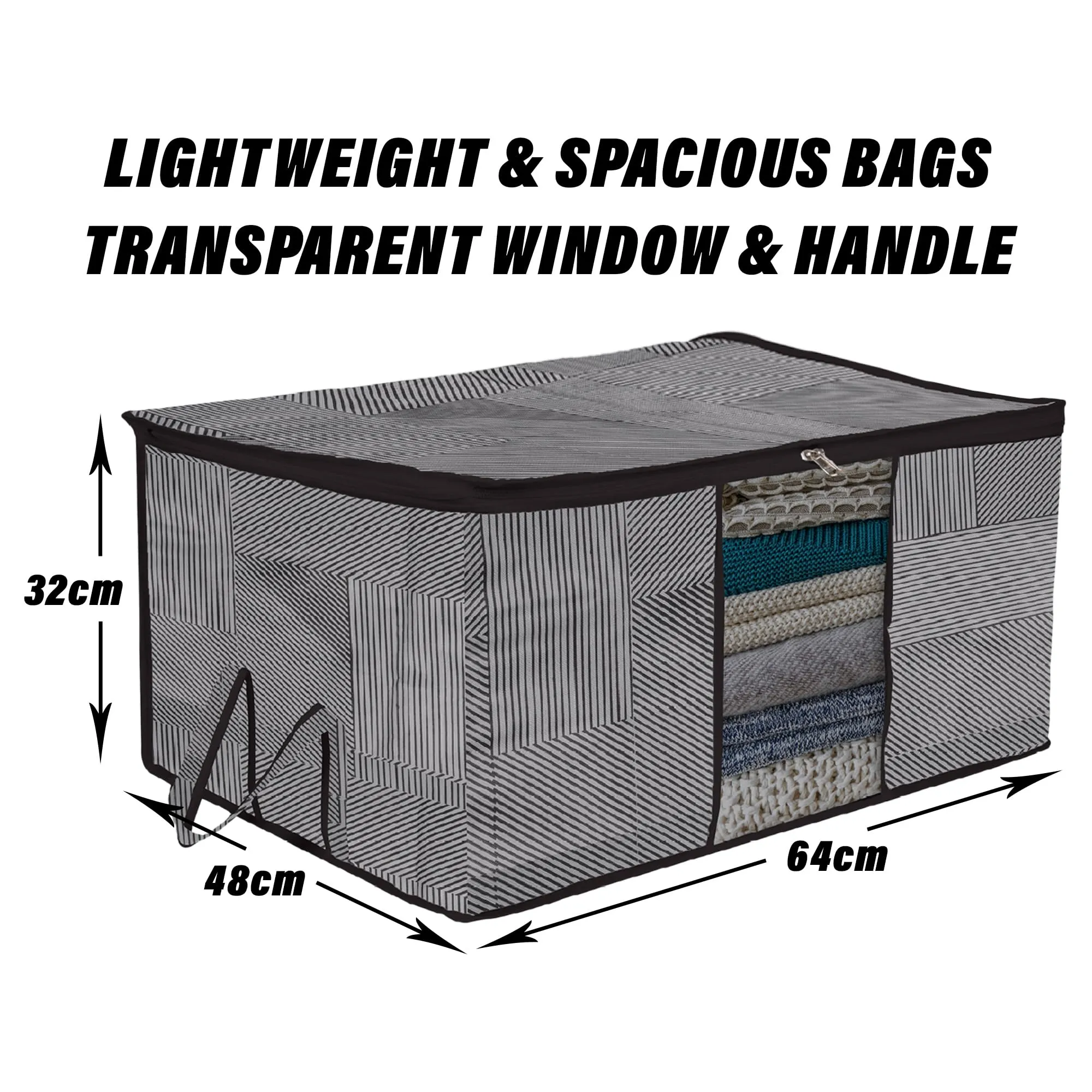 Heart Home Underbed Storage Bag | Clothes Storage Organizer | Blanket Cover with Clear Window | Zipper Closure & Handle Cloth Organizer | Lining-Design | Large | Pack of 4 | Gray