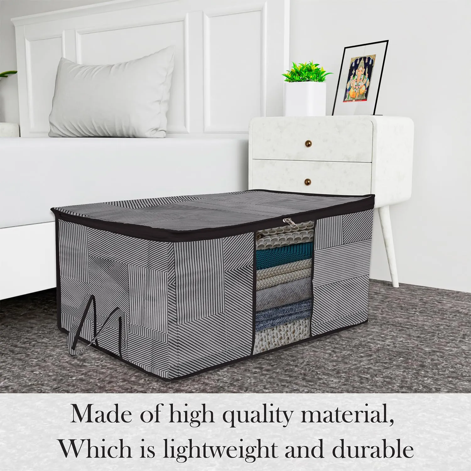Heart Home Underbed Storage Bag | Clothes Storage Organizer | Blanket Cover with Clear Window | Zipper Closure & Handle Cloth Organizer | Lining-Design | Large | Pack of 4 | Gray