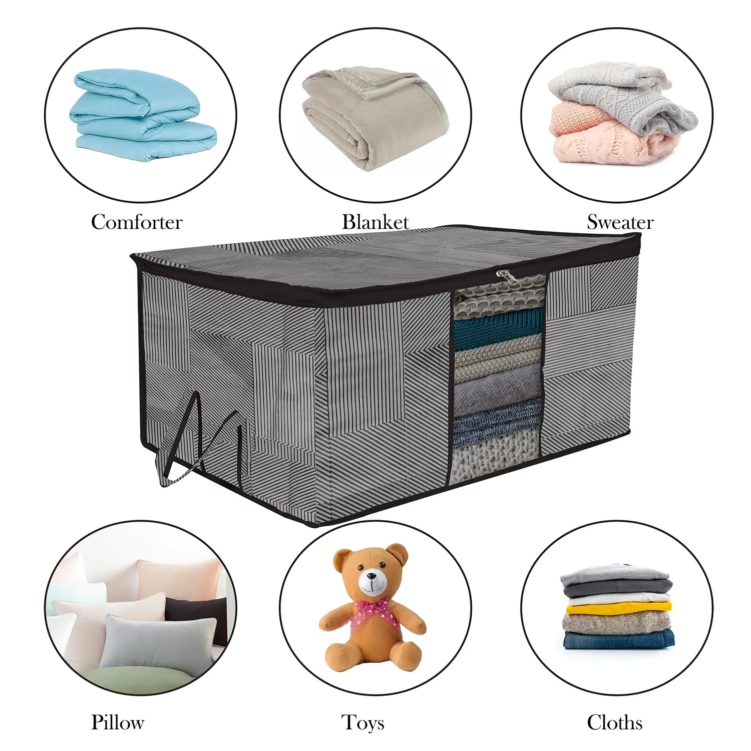 Heart Home Underbed Storage Bag | Clothes Storage Organizer | Blanket Cover with Clear Window | Zipper Closure & Handle Cloth Organizer | Lining-Design | Large | Pack of 4 | Gray