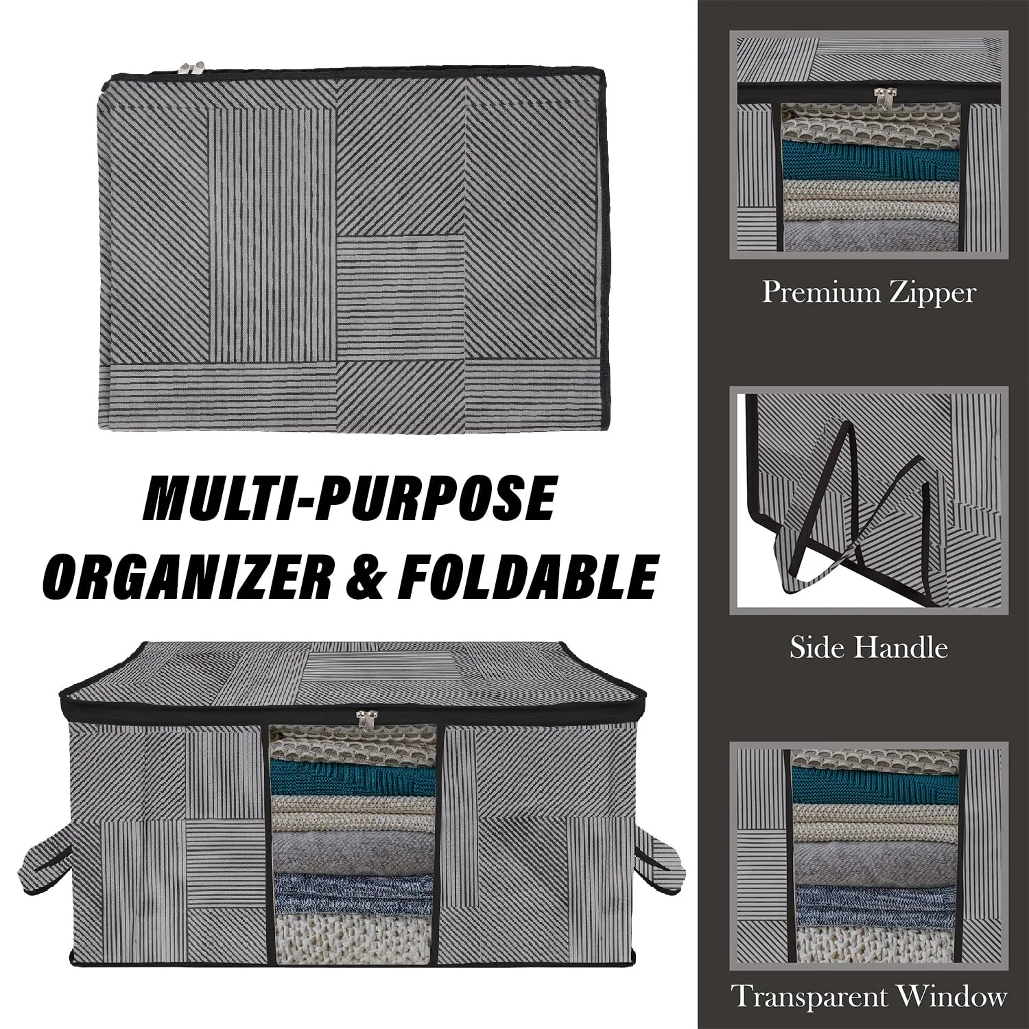 Heart Home Underbed Storage Bag | Clothes Storage Organizer | Blanket Cover with Clear Window | Zipper Closure & Handle Cloth Organizer | Lining-Design | Large | Pack of 4 | Gray