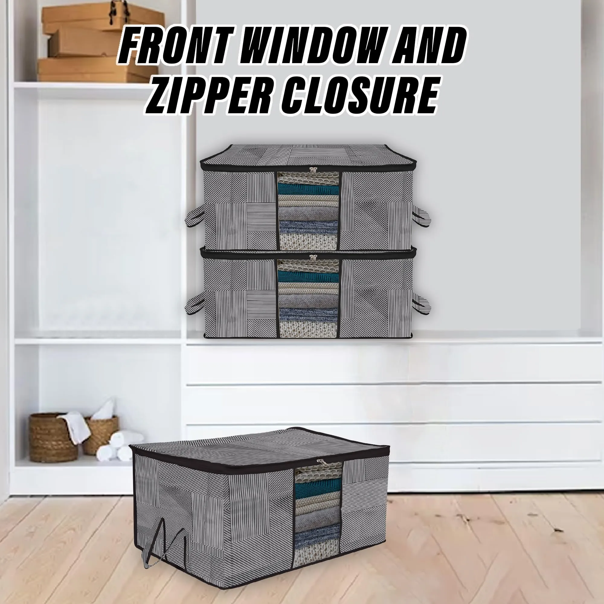 Heart Home Underbed Storage Bag | Clothes Storage Organizer | Blanket Cover with Clear Window | Zipper Closure & Handle Cloth Organizer | Lining-Design | Large | Pack of 4 | Gray