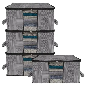 Heart Home Underbed Storage Bag | Clothes Storage Organizer | Blanket Cover with Clear Window | Zipper Closure & Handle Cloth Organizer | Lining-Design | Large | Pack of 4 | Gray