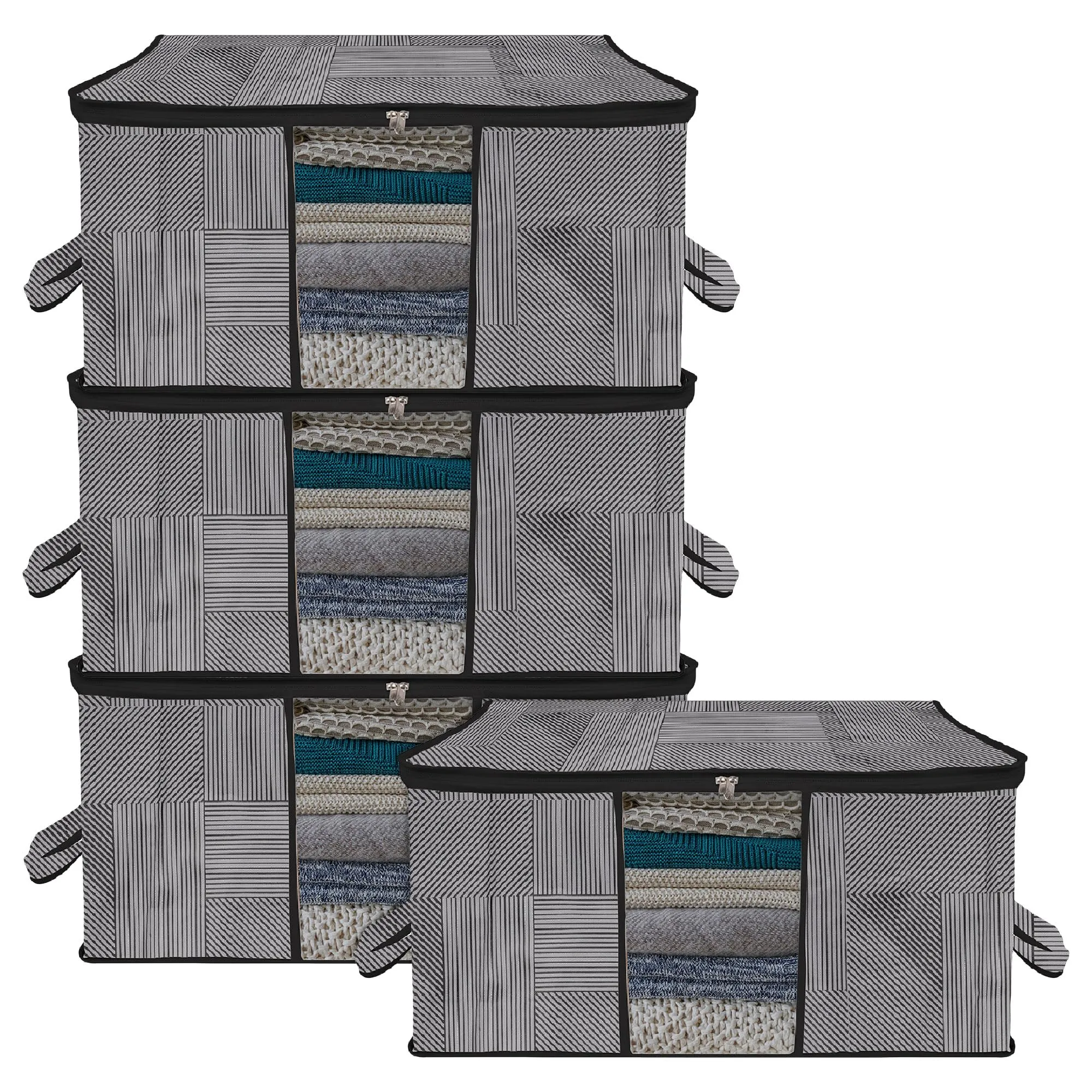 Heart Home Underbed Storage Bag | Clothes Storage Organizer | Blanket Cover with Clear Window | Zipper Closure & Handle Cloth Organizer | Lining-Design | Large | Pack of 4 | Gray
