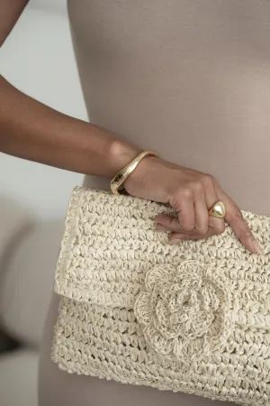 Ivory Woven Rose Clutch