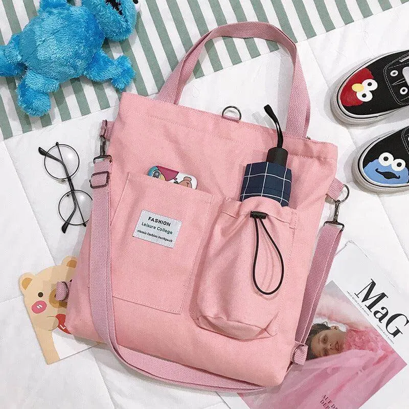 Korean Harajuku Canvas Tote Bag for Students with Multiple Pockets - Trendy Women's Backpack