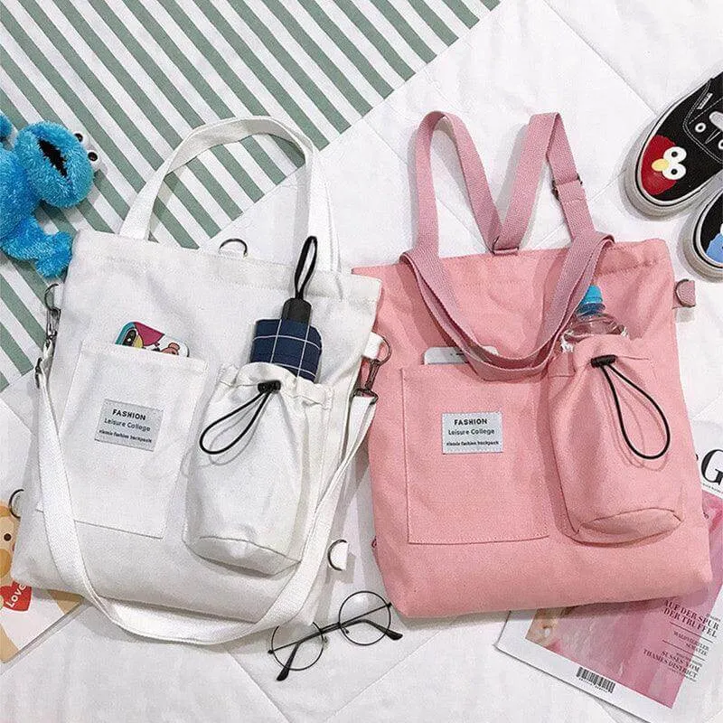 Korean Harajuku Canvas Tote Bag for Students with Multiple Pockets - Trendy Women's Backpack