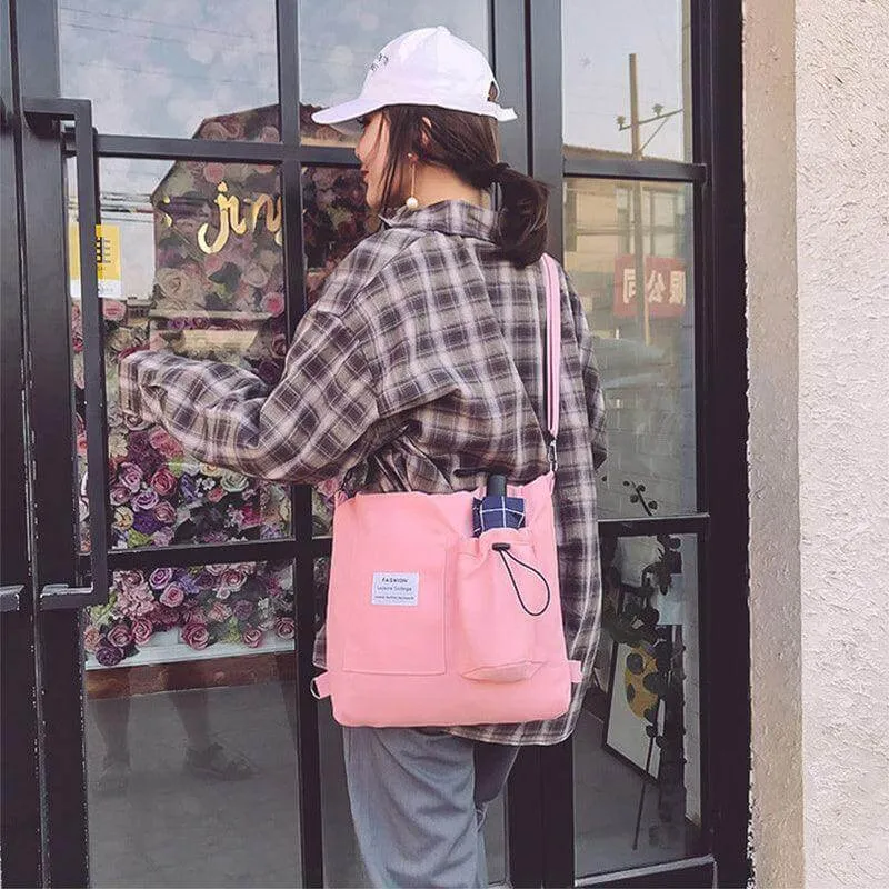 Korean Harajuku Canvas Tote Bag for Students with Multiple Pockets - Trendy Women's Backpack