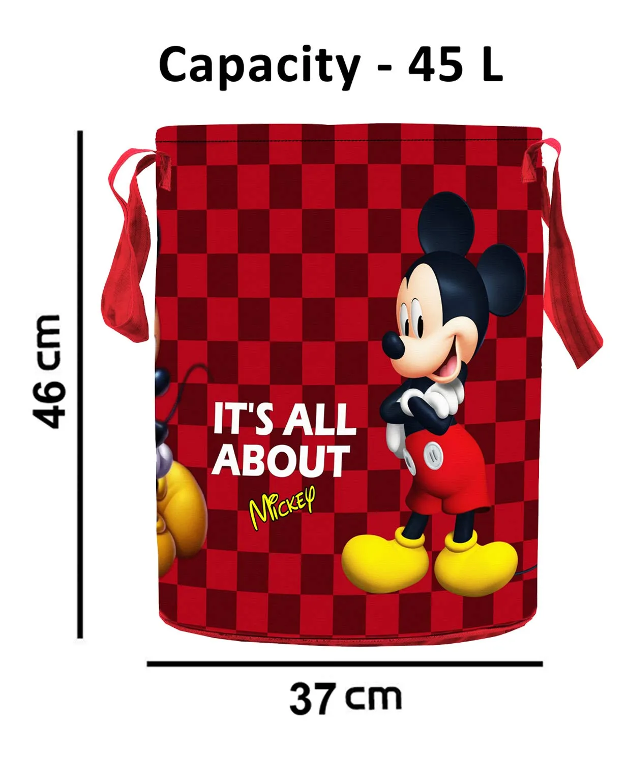 Kuber Industries Disney Mickey Print Round Non Woven Fabric Foldable Laundry Organiser with Handles,45 LTR (Maroon)-KUBMART11636