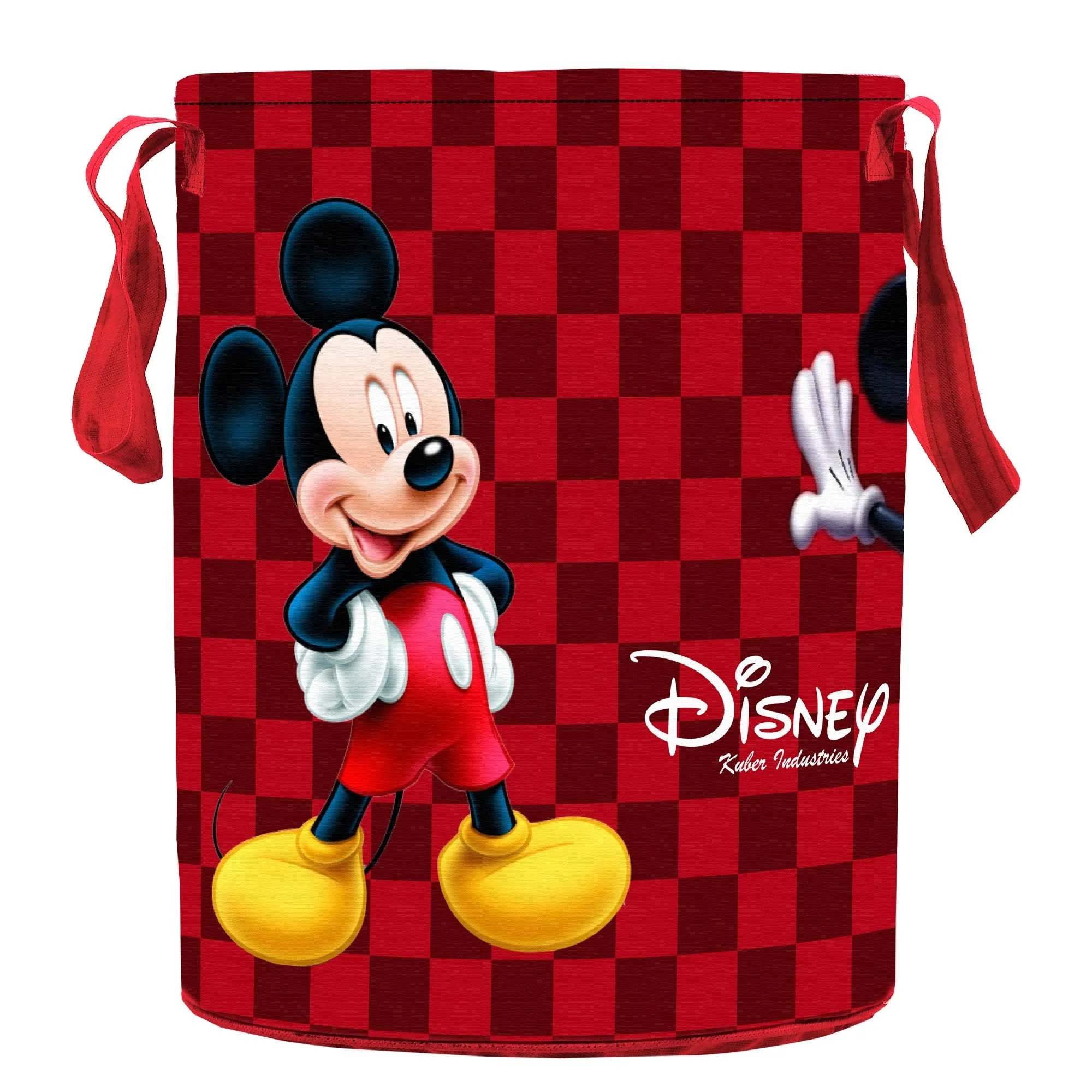 Kuber Industries Disney Mickey Print Round Non Woven Fabric Foldable Laundry Organiser with Handles,45 LTR (Maroon)-KUBMART11636