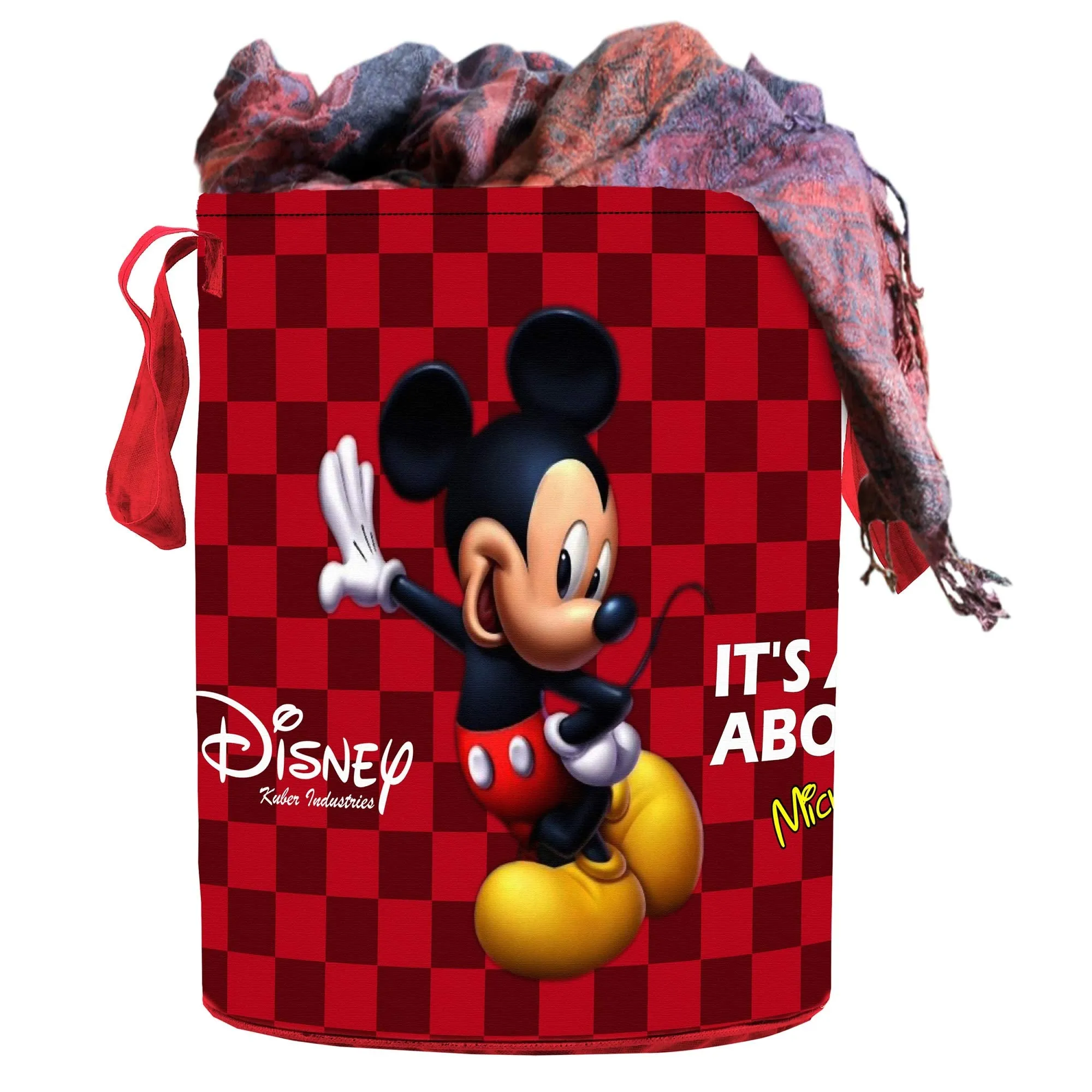 Kuber Industries Disney Mickey Print Round Non Woven Fabric Foldable Laundry Organiser with Handles,45 LTR (Maroon)-KUBMART11636