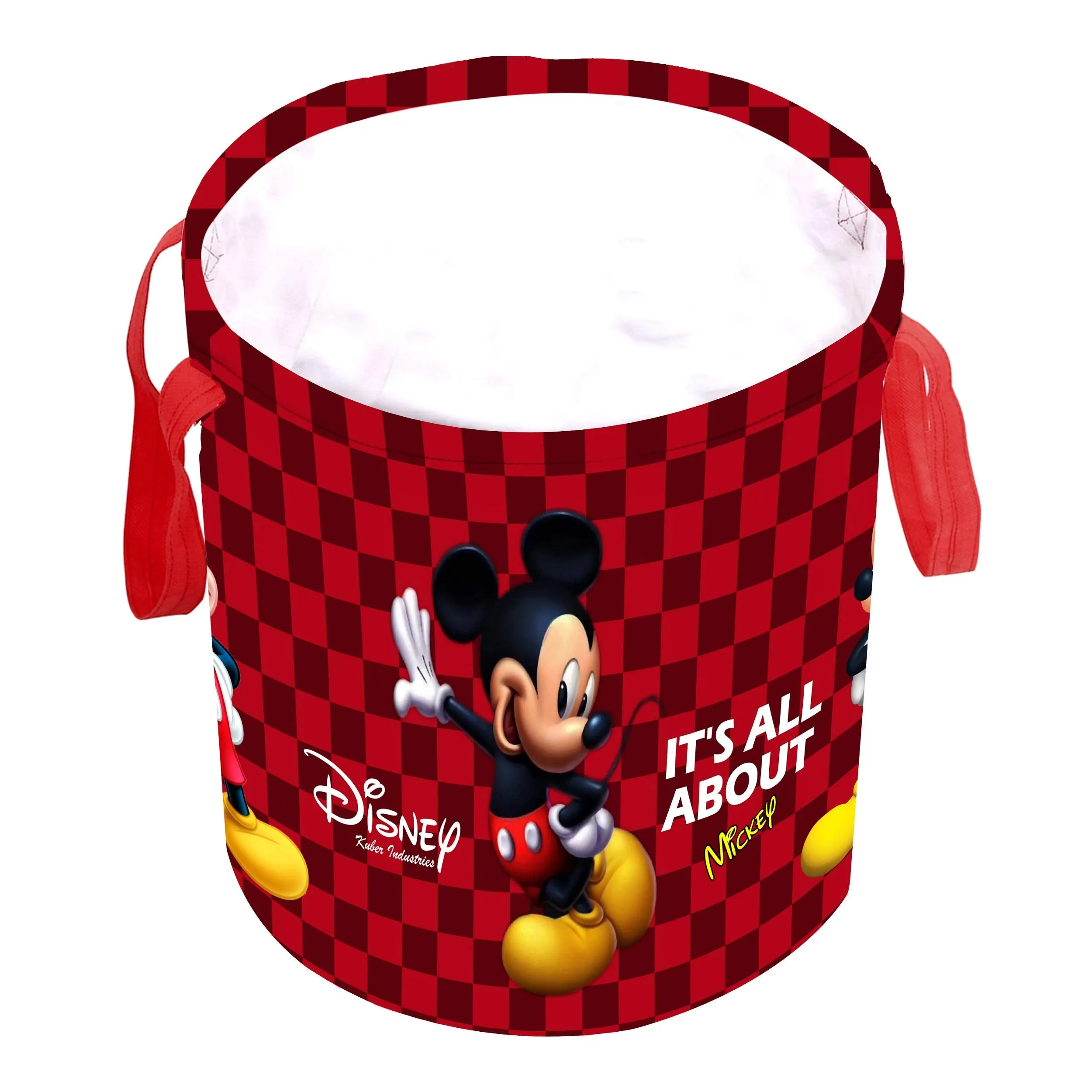 Kuber Industries Disney Mickey Print Round Non Woven Fabric Foldable Laundry Organiser with Handles,45 LTR (Maroon)-KUBMART11636