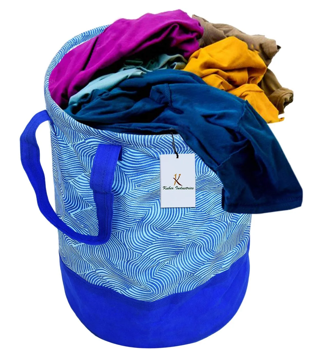 Kuber Industries Waterproof Round Canvas Laundry Bag/Hamper|Metalic Lahriya Print With Handles|Foldable Bin & 45 Liter Capicity|Size 37 x 37 x 49, Pack of 1 (Blue)