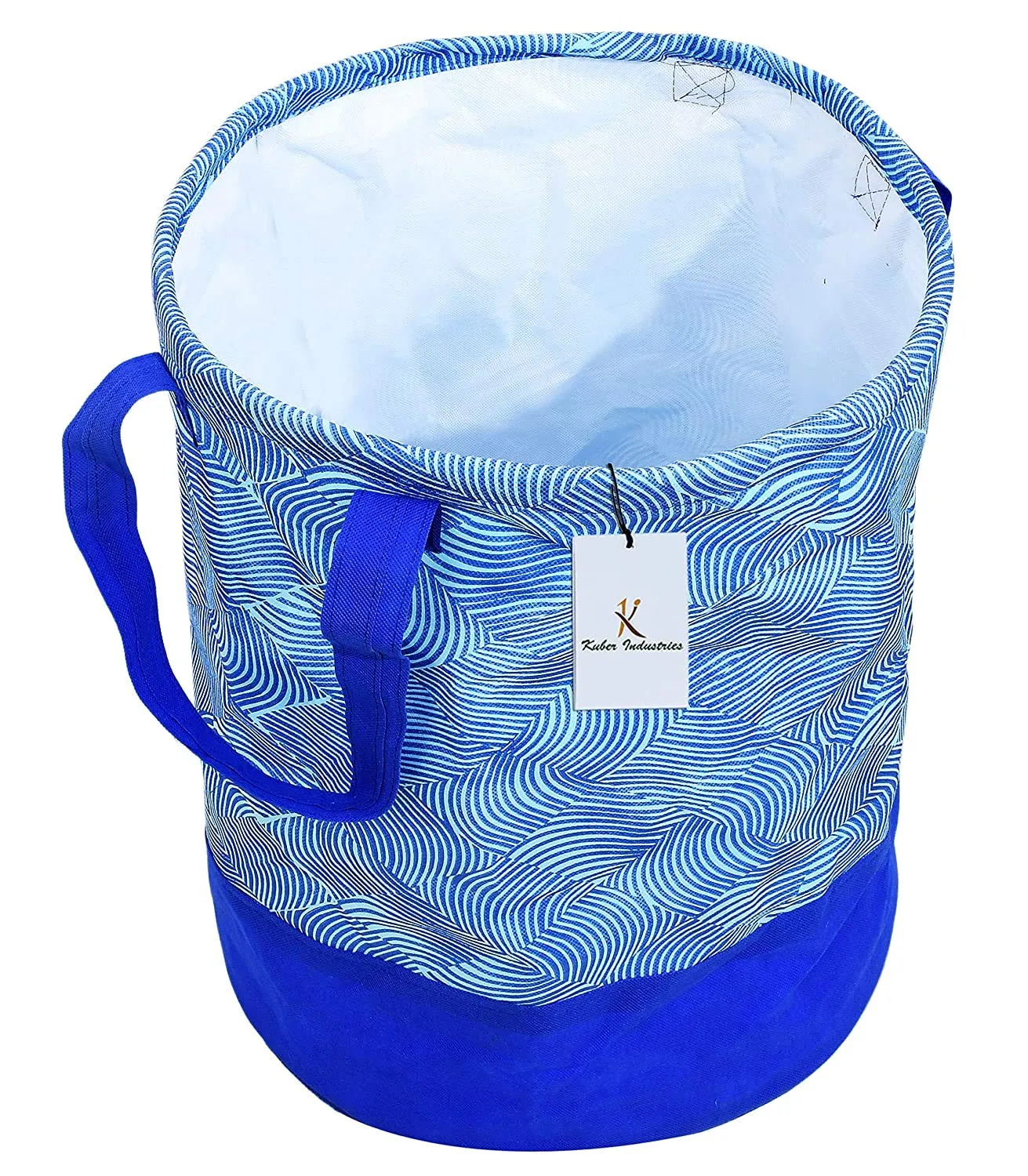 Kuber Industries Waterproof Round Canvas Laundry Bag/Hamper|Metalic Lahriya Print With Handles|Foldable Bin & 45 Liter Capicity|Size 37 x 37 x 49, Pack of 1 (Blue)