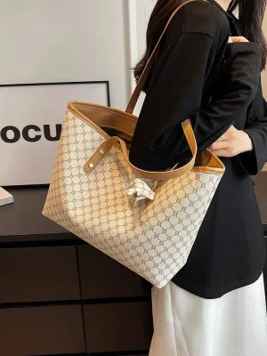 Leather Trim Patterned Canvas Tote Bag