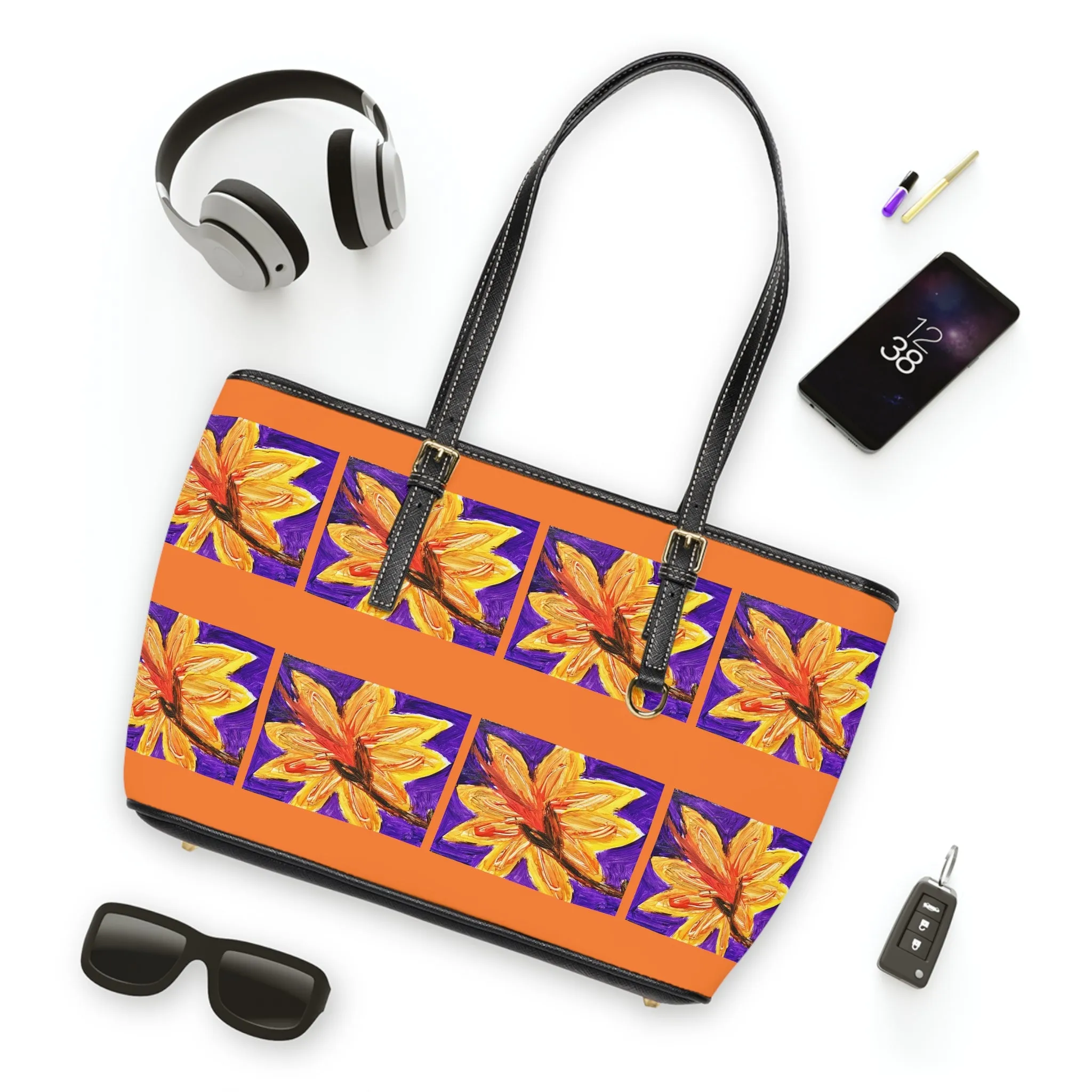 Orange Flower PU Leather Shoulder Bag