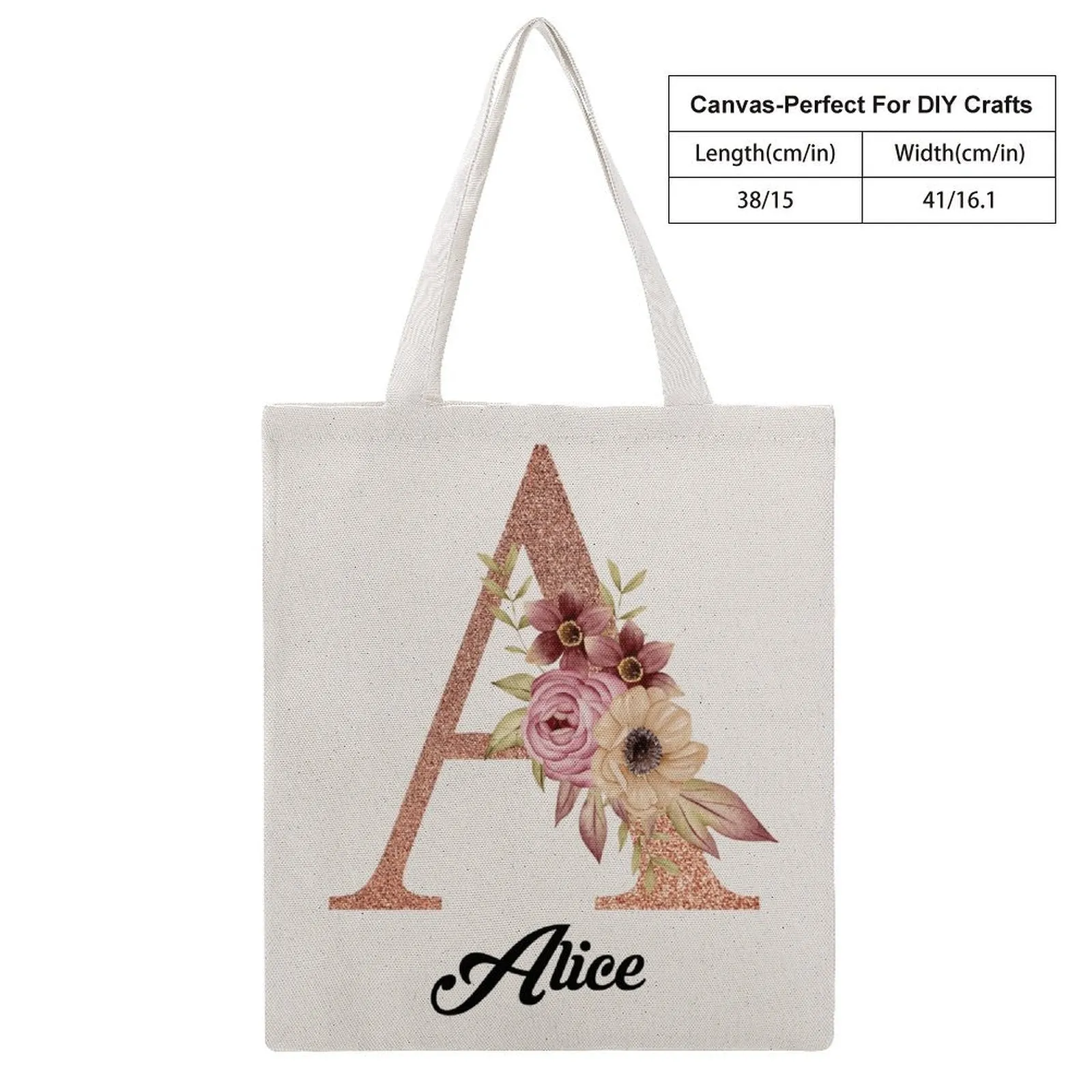 Personalized Floral Alphabet Name Canvas Tote Bag Double Sides Printing