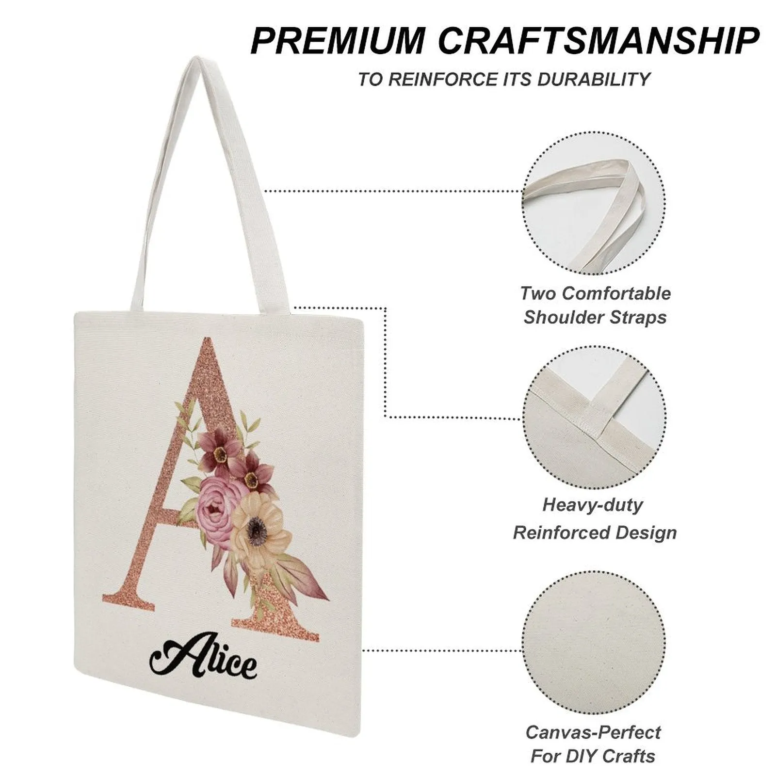 Personalized Floral Alphabet Name Canvas Tote Bag Double Sides Printing