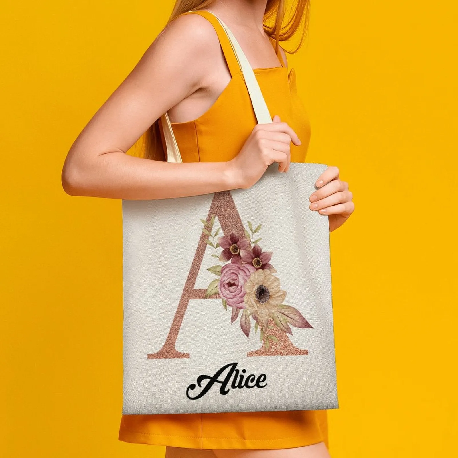 Personalized Floral Alphabet Name Canvas Tote Bag Double Sides Printing
