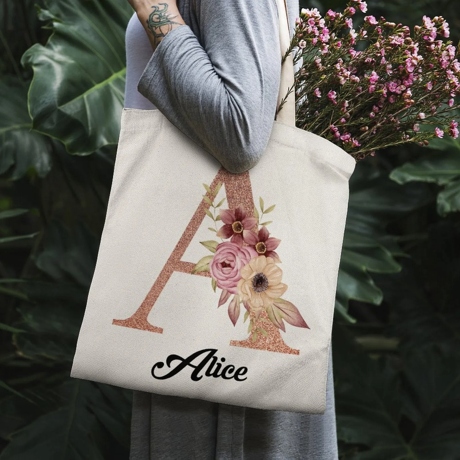 Personalized Floral Alphabet Name Canvas Tote Bag Double Sides Printing